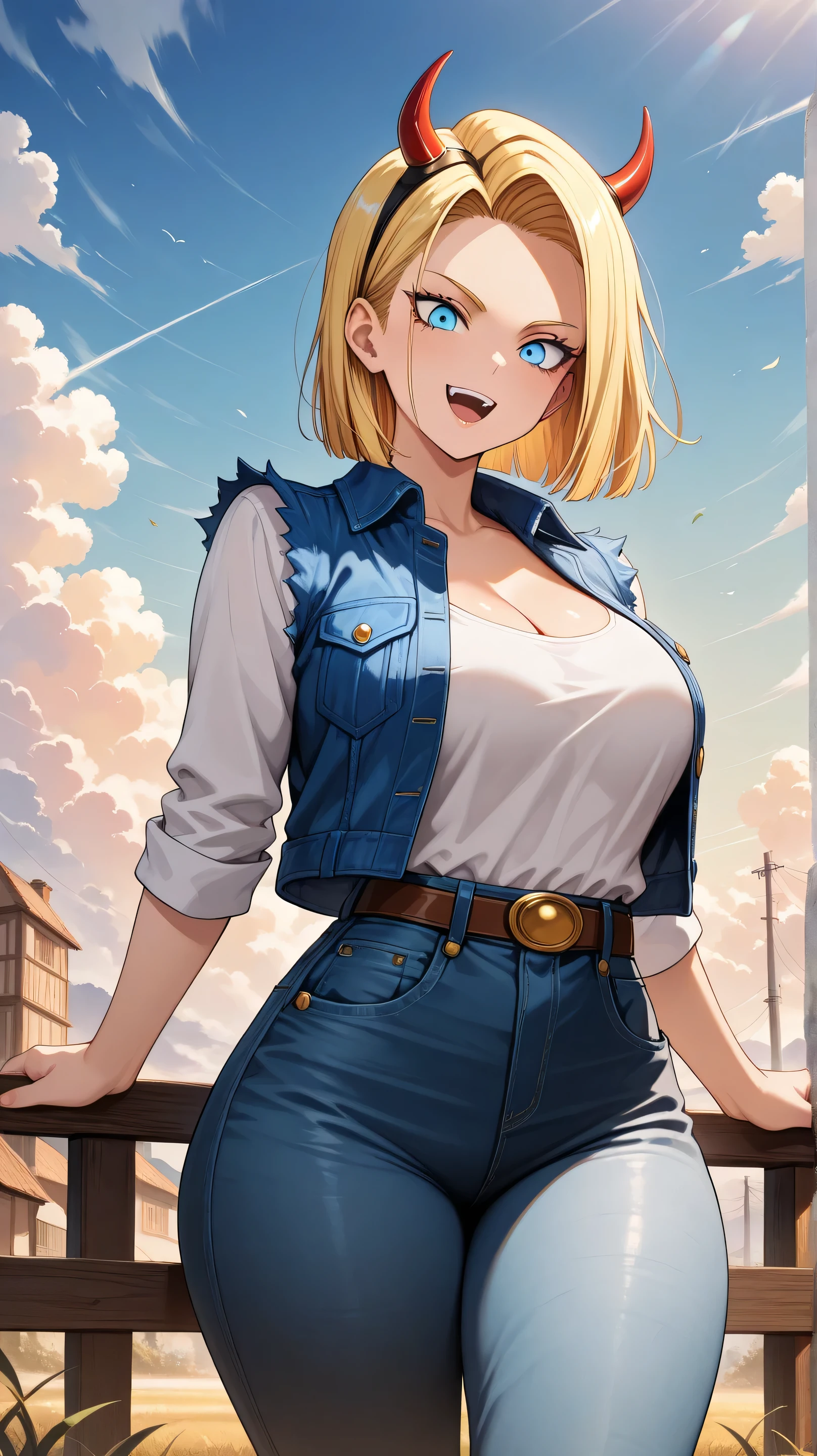 (masterpiece), best quality, expressive eyes, perfect face, 1girl, breasts, android_18, blonde_hair, solo, cleavage, medium_breasts, pants, open_mouth, denim, shirt, horns, high-waist_pants, looking_at_viewer, blue_eyes, sky, smile, white_shirt, fake_horns, short_hair, cloud, blue_sky, jacket, thighs, thick_thighs, jeans, vest, shirt_tucked_in, outdoors, curvy, wide_hips