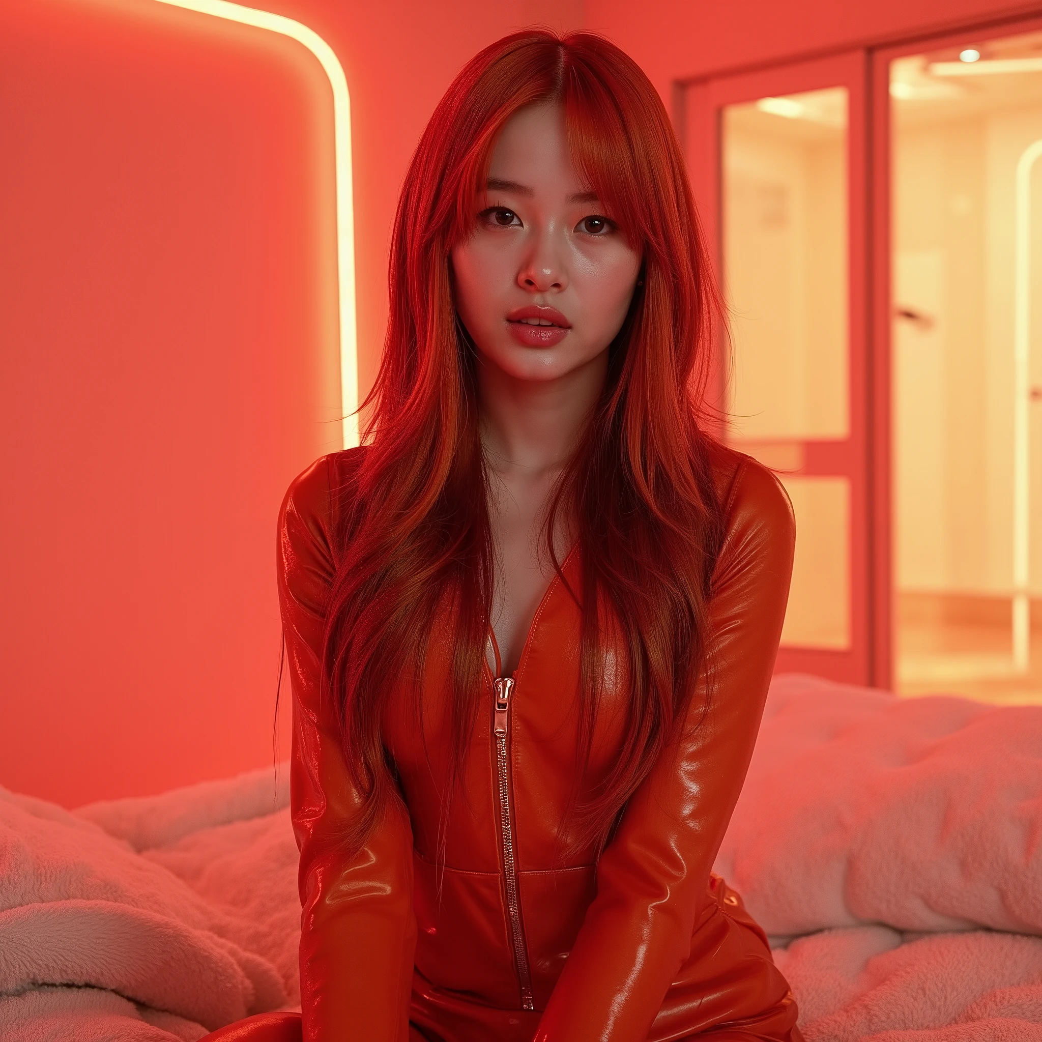 redheaded caramel woman in orange caramel latex jumpsuit sitting on the bed , white furry carpet floor red led ceiling lights, white walls glass door and window , sharp details 4k resolution 