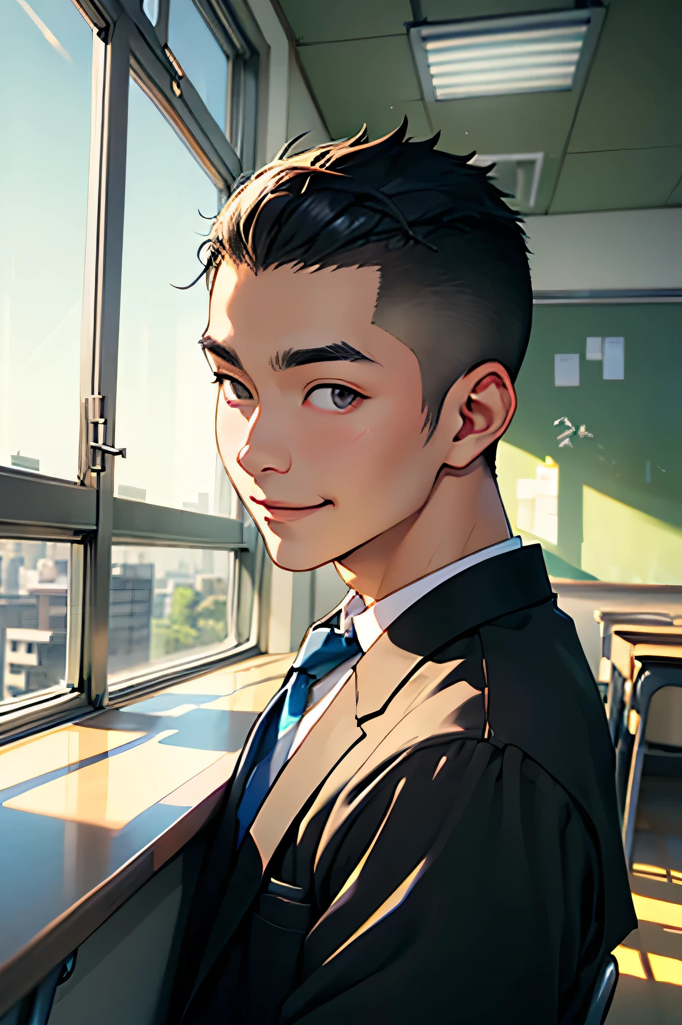  Japanese man 　　handsome　 short dark hair  　Shaved head　Shaved head　adult　short cropped 　　smile　In the classroom　　Outside the window is a city of the future　School of the future　Black school run　 school uniform　Black school run　The face is bigger and the composition is from the shoulders