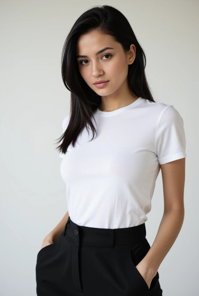 mulher arafa vestindo uma camisa branca e brincos em frente a uma parede branca, vestido com uma camiseta branca, camiseta branca, camiseta branca, camiseta branca, plain camiseta branca, close do rosto, enlarged neck, close face view, dressed in a camiseta branca, close-up do meio, Approximate view