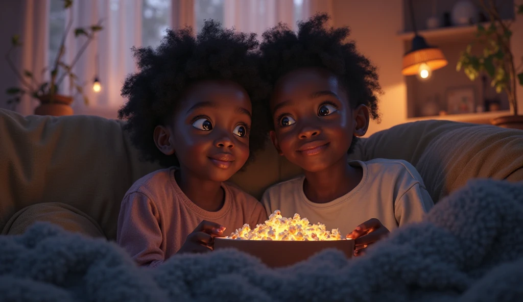Two friends A black Mozambican boy and a blond American boy happy smiling watching an old TV movie in Mozambique Africa night
