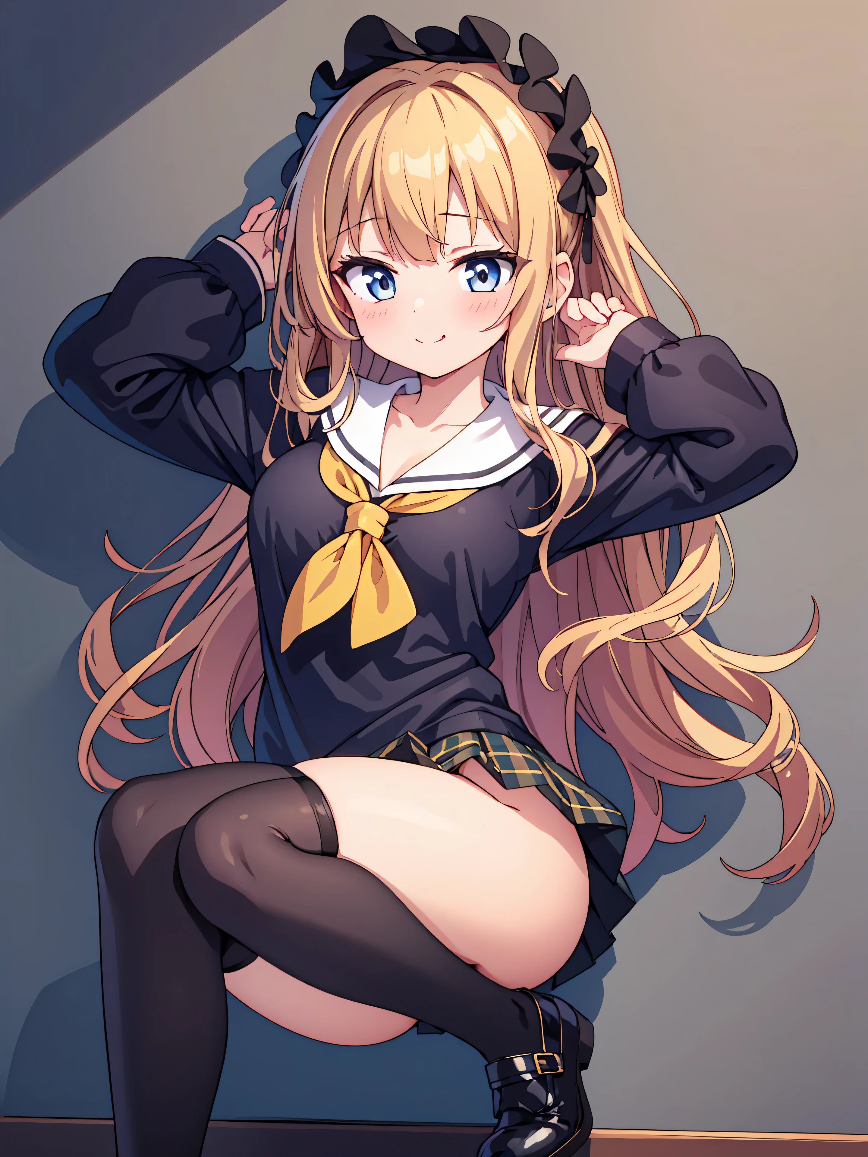 Highly detailed, high quality, masterpiece, beautiful, (all photo shooting), girl student girl, perfect eyes, light brown eyes, clear eyes, blushing face, happy face, bending over, showing buttocks, big thighs, medium breast, long wavy hair, blonde hair, with bracelet in hand, bow in hair, flower headband, wearing schoolgirl outfit, with black stockings, short mini skirt, full thong show, sexy, background image peeing and licking the walls