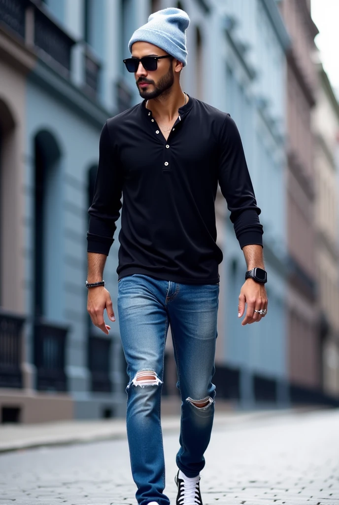 ronaldo portrait photo of man wearing a tshirt and jeans, sneakers, walking on the street, (masterpiece), (best quality), (detailed), (8k), (HDR), (wallpaper), (cinematic lighting), (sharp focus), (intricate)