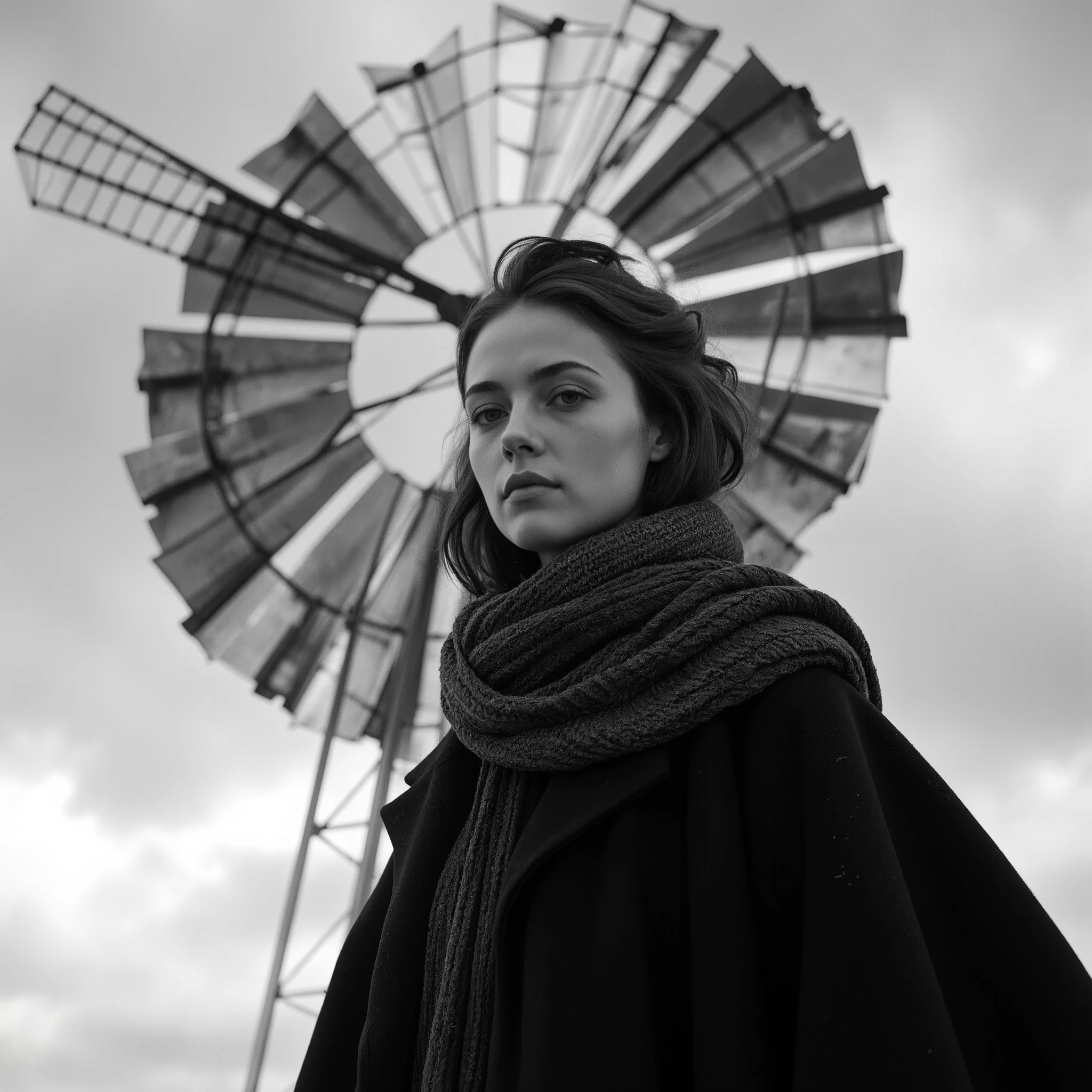 Cinematic photography, low-angle close-up view of a young woman standing in front of a towering windmill. She is wearing winter clothing — a long, dark coat with a high collar, a knitted scarf wrapped around her neck, and a woolen beanie covering her long, slightly tousled hair. Her face is pale, with a somber, contemplative expression, and her gaze is directed sideways, looking into the distance. The windmill looms behind her, its large, grid-like blades casting dark, angular shadows against a cloudy, overcast sky. The scene is in black and white, with dramatic backlighting creating a striking silhouette effect. The atmosphere feels cold and isolated, with the contrast between the dark clothing and the pale sky adding to the moody, cinematic style. A sense of quiet tension lingers in the air, as if the windmill and the woman are frozen in a timeless moment. The photograph has a filmic quality, rich in depth of field and subtle textures, with each detail — from the roughness of the windmill’s structure to the soft fabric of her scarf — meticulously highlighted.