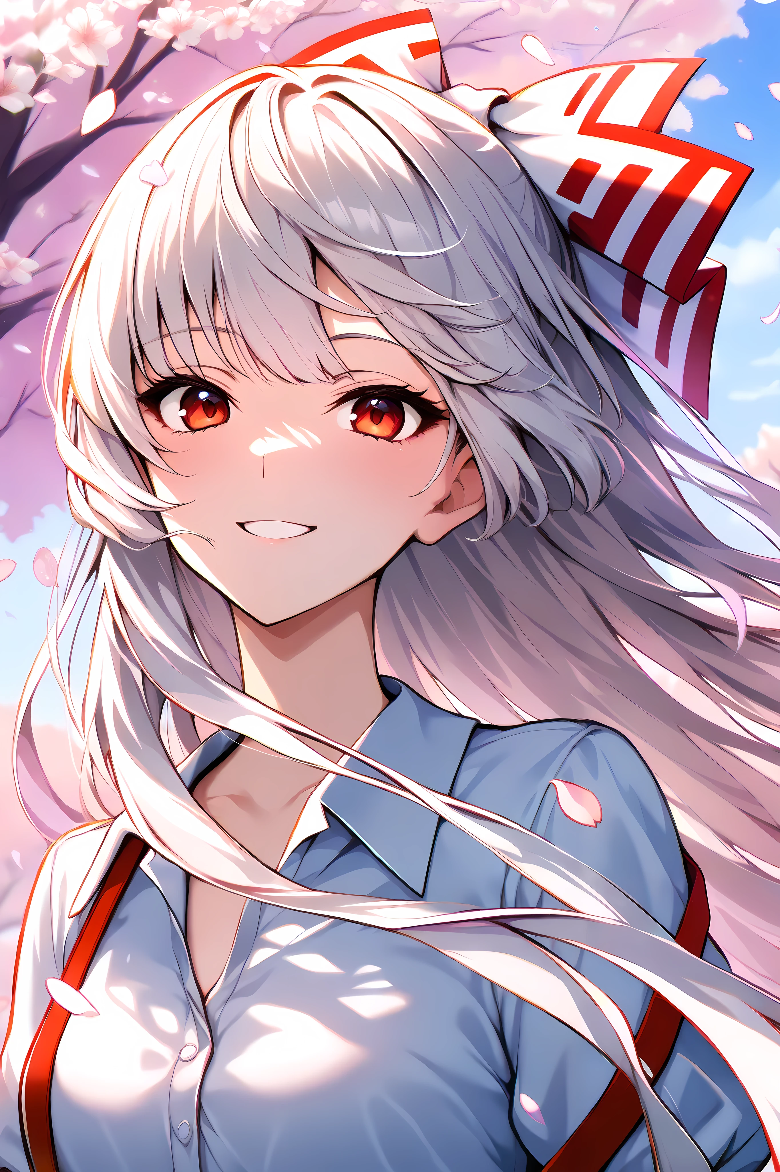 masterpiece, best quality, amazing quality, newest, very aesthetic, upper body, 1girl, fujiwara no mokou, smile, floating hair, cherry blossoms, nature, wind, falling petals, outdoors, amazing background, highres, absurdres