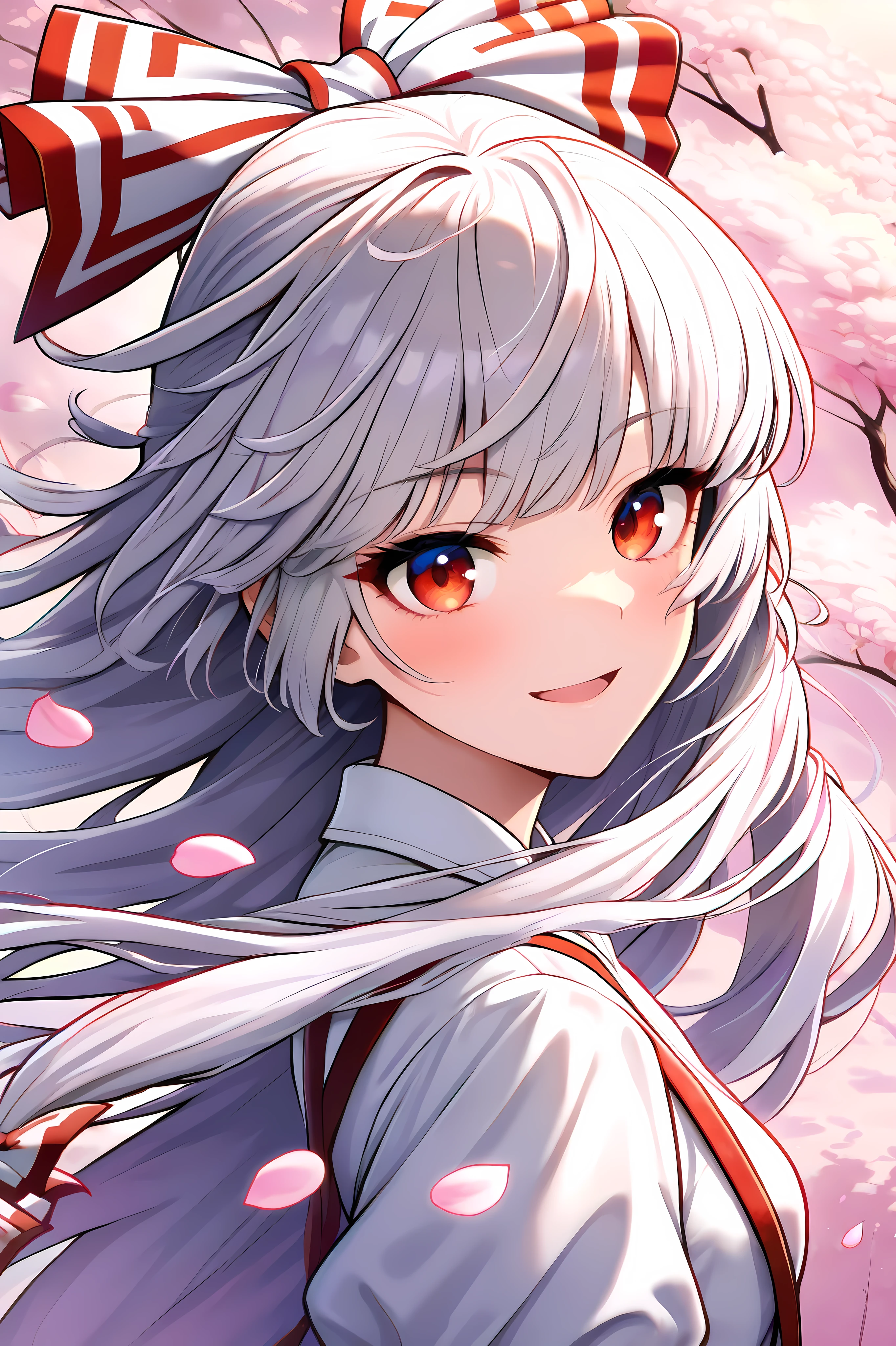 masterpiece, best quality, amazing quality, newest, very aesthetic, upper body, 1girl, fujiwara no mokou, smile, floating hair, cherry blossoms, nature, wind, falling petals, outdoors, amazing background, highres, absurdres
