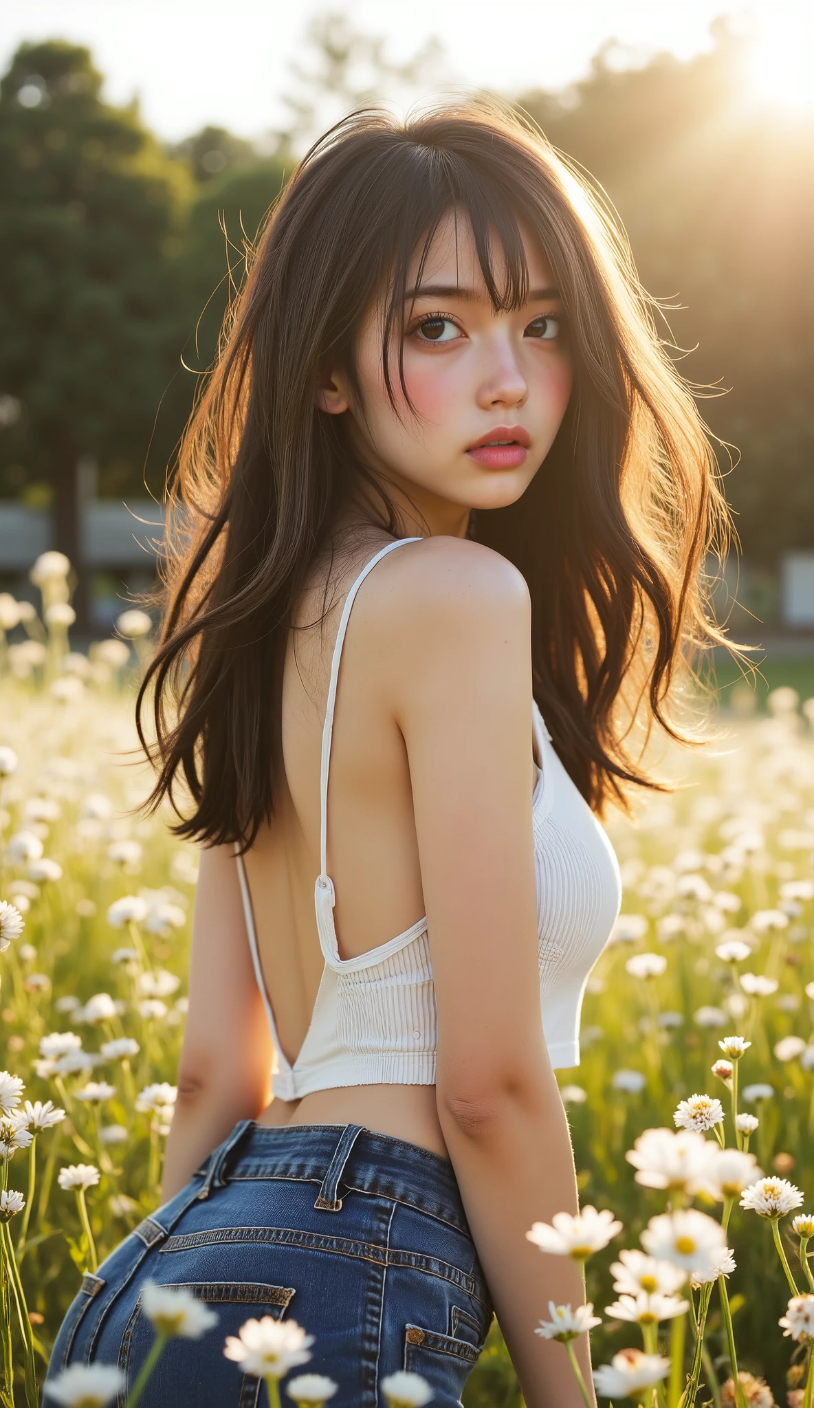 ((TOP QUALITY)), ((masterpiece、High sensitivity、 High Resolution、detailed depiction of up to the front door、 draw a delicate face))、(Small beautiful breasts、bust up)、 ((:1.2, Transcendental Young Face, idol face)), ((An innocent beautiful girl))、((Slender body line drawing delicate eyes and face))、 stylish hair 、(Kiss:1.2, shy expression:1.3) 、((cute top and pleated skirt))、 Countryside Scenery、(detailed hands:1.3, perfect right hand:1.2), Beautiful body lines reflected in backlighting、 (Tight Waist)、(Showing off her small beautiful ass:1.2), (perfect anatomy:1.2), (Leaning forward pose)
