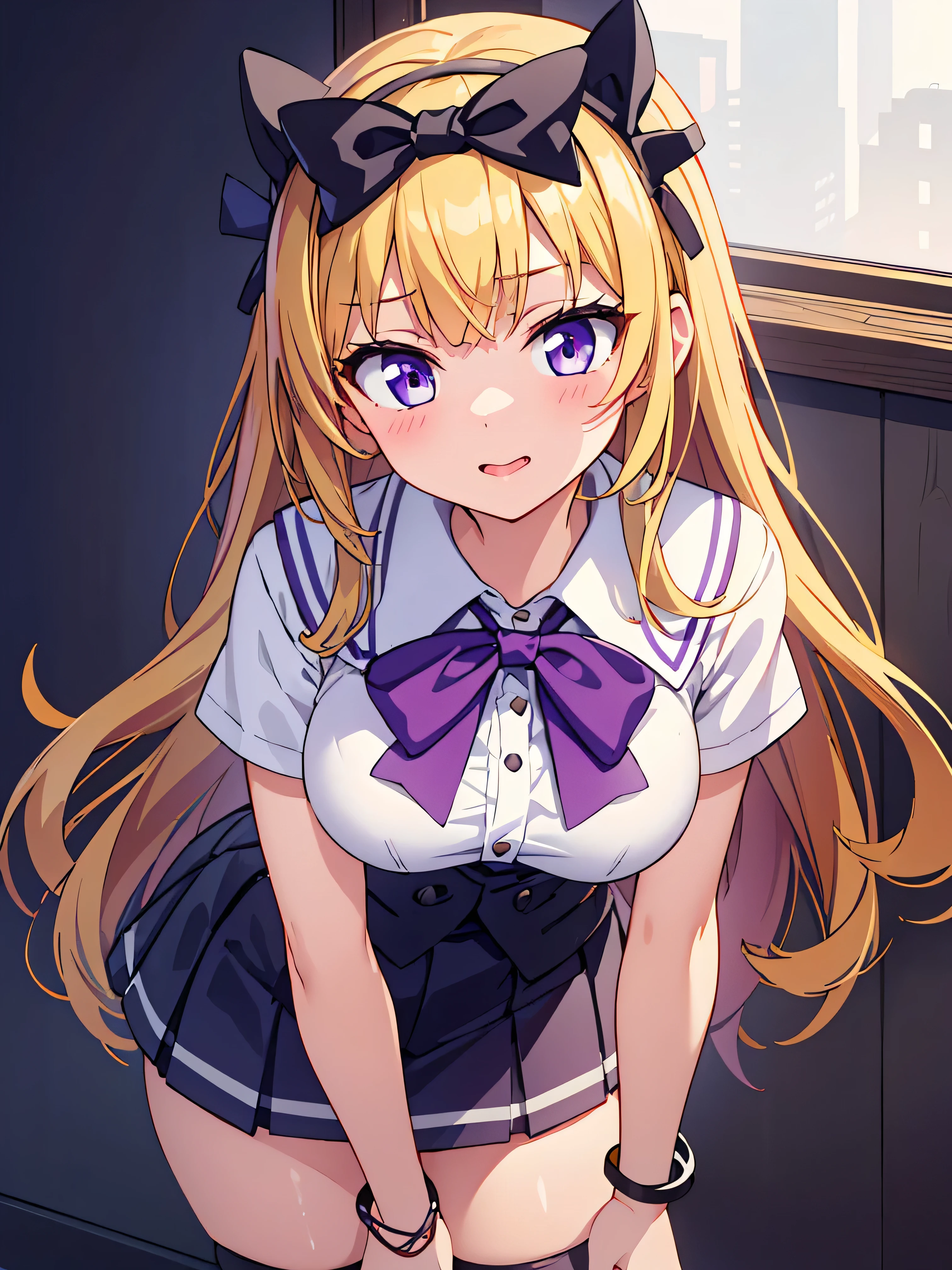 Highly detailed, high quality, masterpiece, beautiful, (all photo shooting), girl student girl, perfect eyes, purple eyes, clear eyes, blushing face, happy face, bending over, showing buttocks, big thighs, medium breast, long wavy hair, blonde hair, with bracelet in hand, bow in hair, flower headband, wearing schoolgirl outfit, with black stockings, short mini skirt, full thong show, sexy, background image peeing and licking the walls