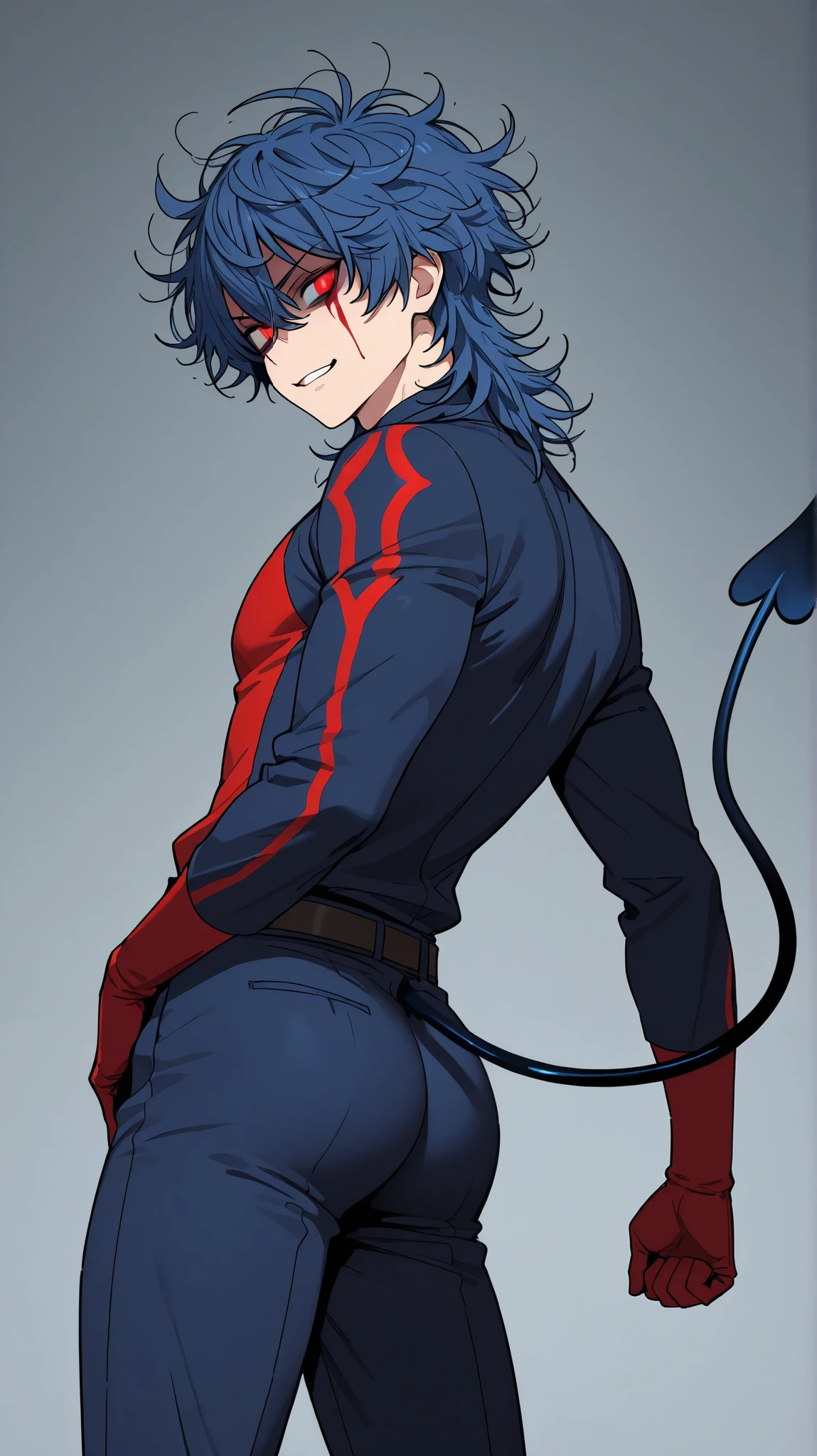 Anime Guy with messy hair white with turquiose hair color bad ass dude  Red evil eyes  blue lether jacked 8k resolution