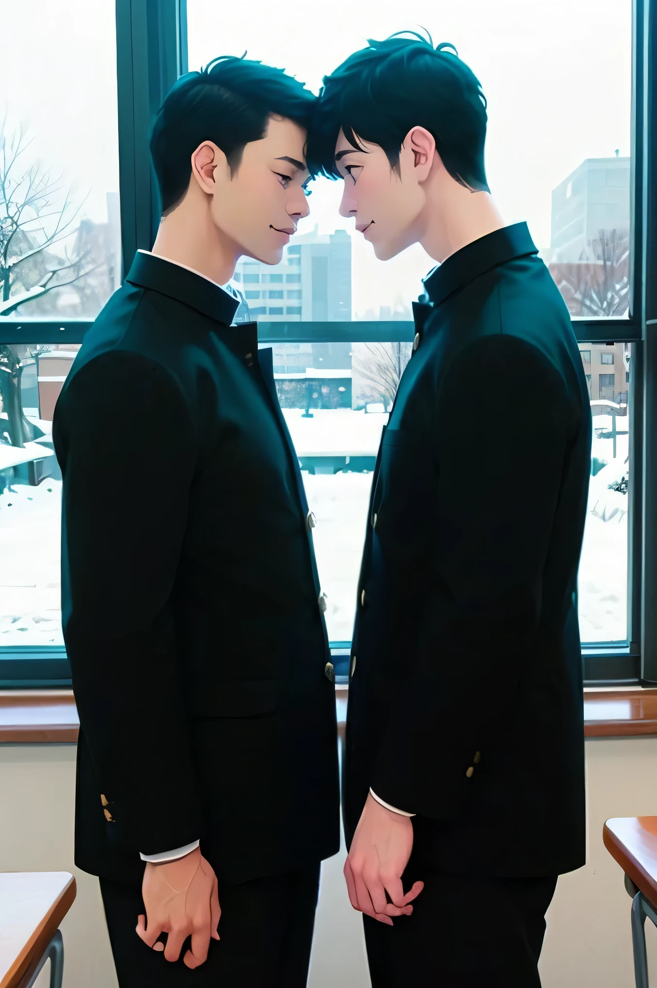 Two Japanese men　　handsome　Short black hair 　Shaved head　Shaved head　adults　short cropped 　　smile　In the classroom　　outside the window is a snowy future city　 two men are black school runs　 two men are black school runs　Two people line up