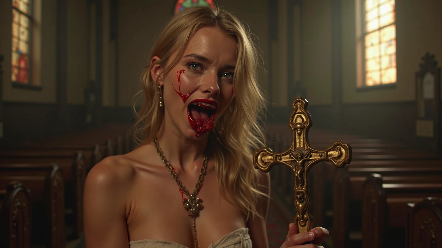naked 18 year old blonde woman with a veil, praying in a church,blood splatter, ((detailed facial features)), ((wide angle))