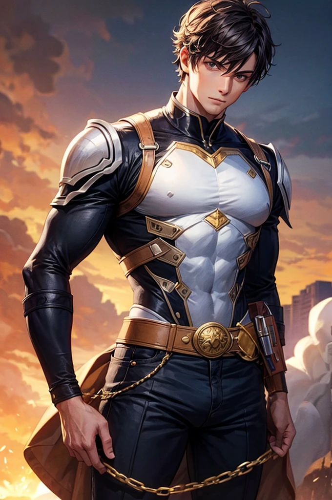 ((obra-prima)),(((melhor qualidade)),(homem forte, mesmo personagem, lado), anime, 1homem, cabelo pegando fogo, olhos em chamas, floresta, pose heroi, masculino, criatura, folclore, (fundo simples) --auto