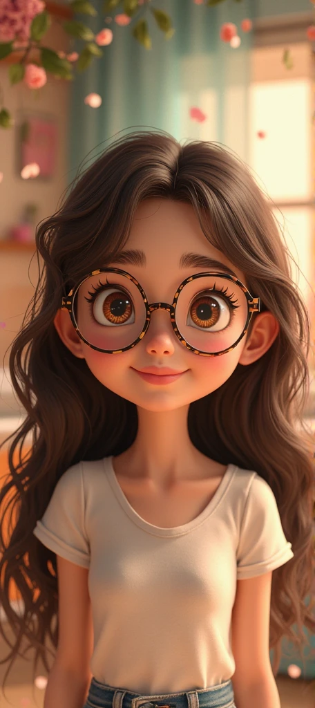 A realistic animated photo of a cute teenage girl with big glasses.