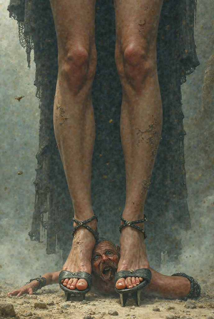 Man upside down with a scared expression has a demon claw in his throat and a deformed and rotten foot steps on him baroque painting style realism artwork Caravaggio style 