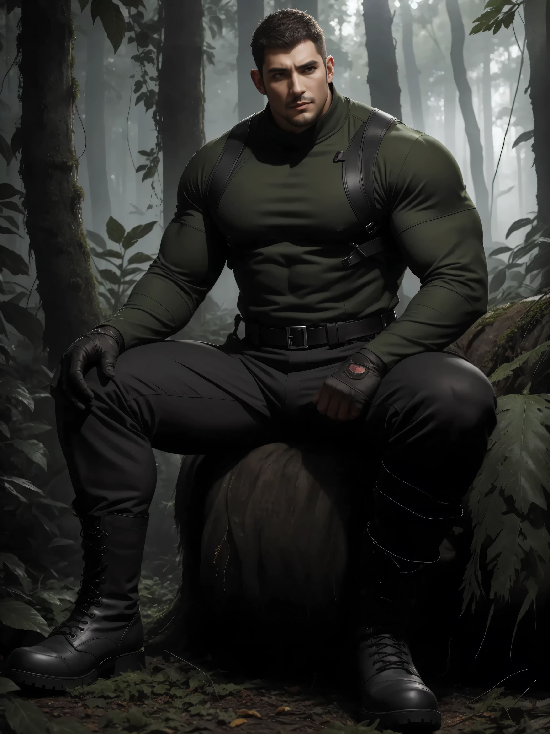 a tall giant Muscular man sitting in the forest, Dark gray camouflage military uniform , character design (Resident Evil - Chris Redfield , Chris Redfield )His hairstyle is a flat head ,身穿 Dark gray camouflage military uniform ,Frosted grain texture , soft and comfortable sofa , sitting in the creepy jungle , The body shines in thick rattan , sad expression , Deep charming eyes , A male hero with emerald colored pupils , hero's masculine posture ,Burly, Muscular ! Charming leg muscles,High Aims, Burly, giant wheel eyes , 身穿 Dark gray camouflage military uniform , 超级魅力和酷炫, A high-resolution anime character commissioned , Big feet in black boots, Charming strong man, shines brightly on his body , With a shining frosty texture