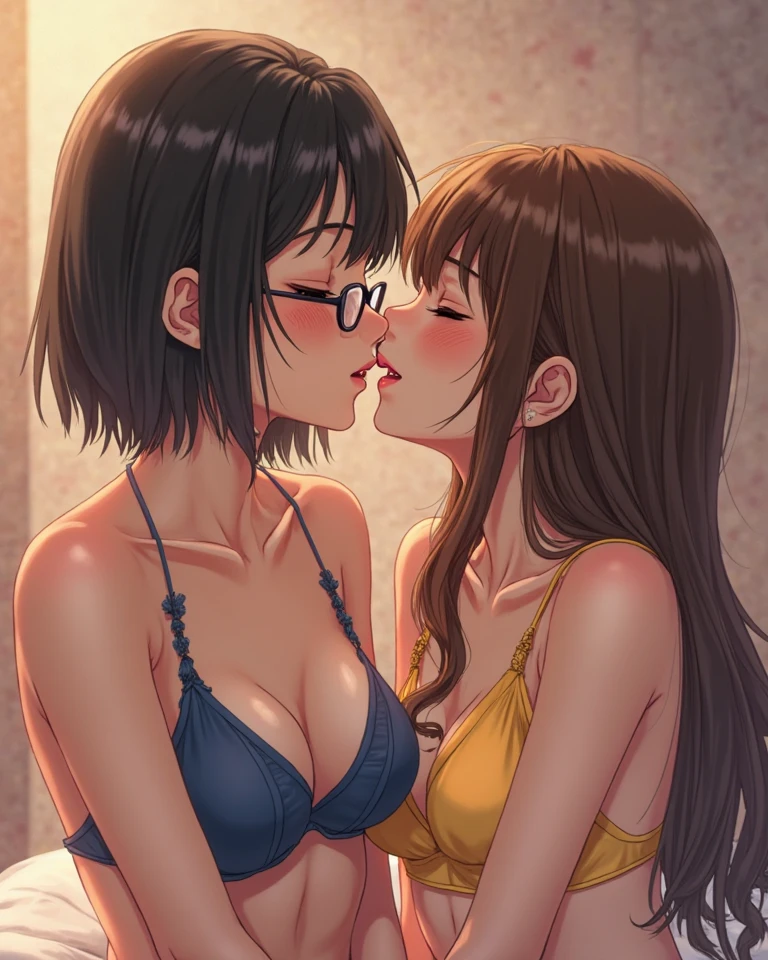 8k, Two beautiful mature Japanese women aged 55, Two married women, Long eyelashes, Bob Hair, Red lipstick, Pink Cheeks, Pearl Necklace, Earrings, Dark eyeshadow, Wearing glasses, Cleavage, Nipples and nipples, Intense deep kiss, Tongue to tongue, Drooling, Lesbian, Sex, Love each other, Pink Background, ((Focus on the whole body)),