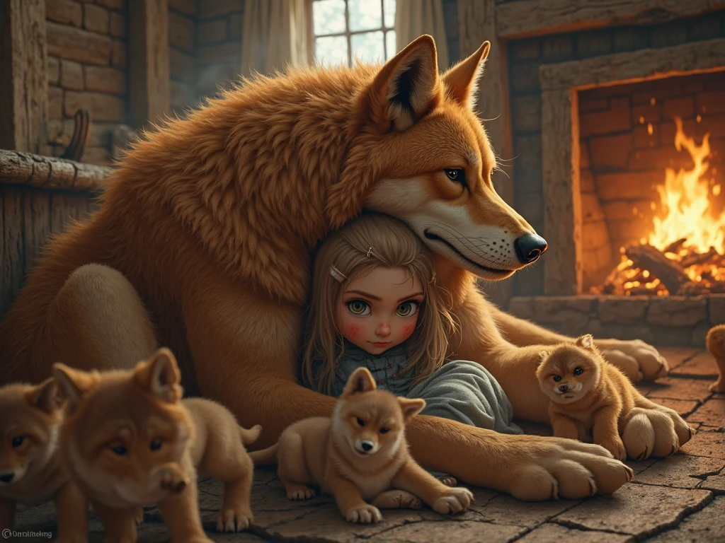 cute petite girl with horns cuddled with ginger dire wolf in rustic cabin, many wolf pups, mischievous smile, implied , fireplace