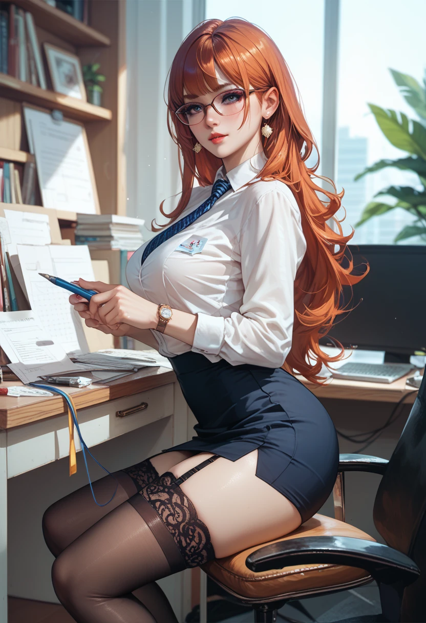 There is a woman sitting on a chair,holding laptop, Wear a strict black suit, sittinng on the desk, wearing a strict business suit, On a table, wearing a strict business suit, Japanese goddess, thighhighs and skirt, sat at her desk, sittinng on the desk, Sitting at your desk, dressed in a suit, elegant legs, seductively looking in front, Crossed legs, Sakura Futaba, Orange hair, Blunt bangs, Purple eyes, Violet eyes, Glasses, white button-down blouse, Earphone, thicc, Green jacket, Thick thighs