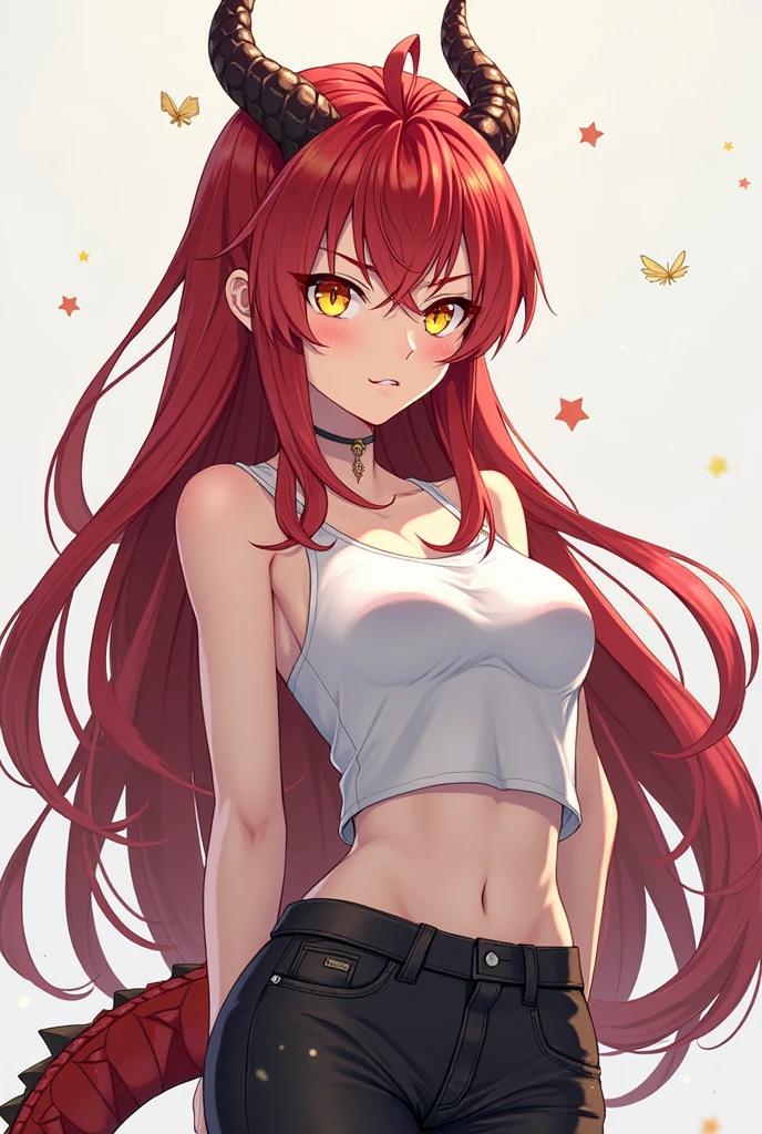 character, anime girl, white with freckles on the body. green eyes. Long-haired redhead with bangs. A high-neck crop top covering the entire chest, white tank top with a red heart in the center. Short blue denim skirt with loose threads. whole body. White background.