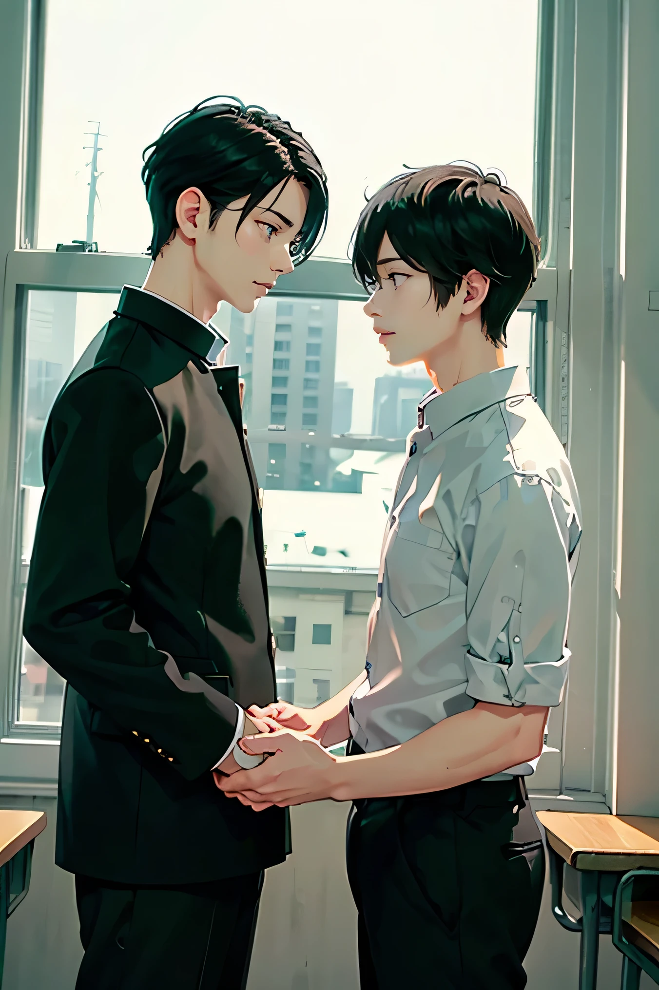 Two Japanese men　　handsome　Short black hair 　Shaved head　Shaved head　adults　short cropped 　　smile　In the classroom　　outside the window is a snowy future city　 two men are black school runs　 two men are black school runs　Two people line up
