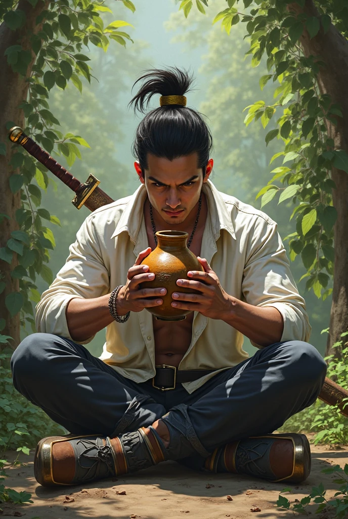 drawing, ultra realistic, 8k, extremely detailed, high quality, natural light image, sunlight earth, ultra realistic image, Realistic texture, extremely detailed, high quality, male, young 20s, (perfect skin, detailed, hyperrealistic, pores high quality) (Realistic goatee, well defined) (Man in white robe, orange, Tibetan monk style), eyes closed, peaceful facial expression, meditating deeply under a tree line, in the surroundings a colorful forest, mountains, sun rays penetrating the forest, Rich colors hyper realistic texture, forest, daytime, natural light, frontal image