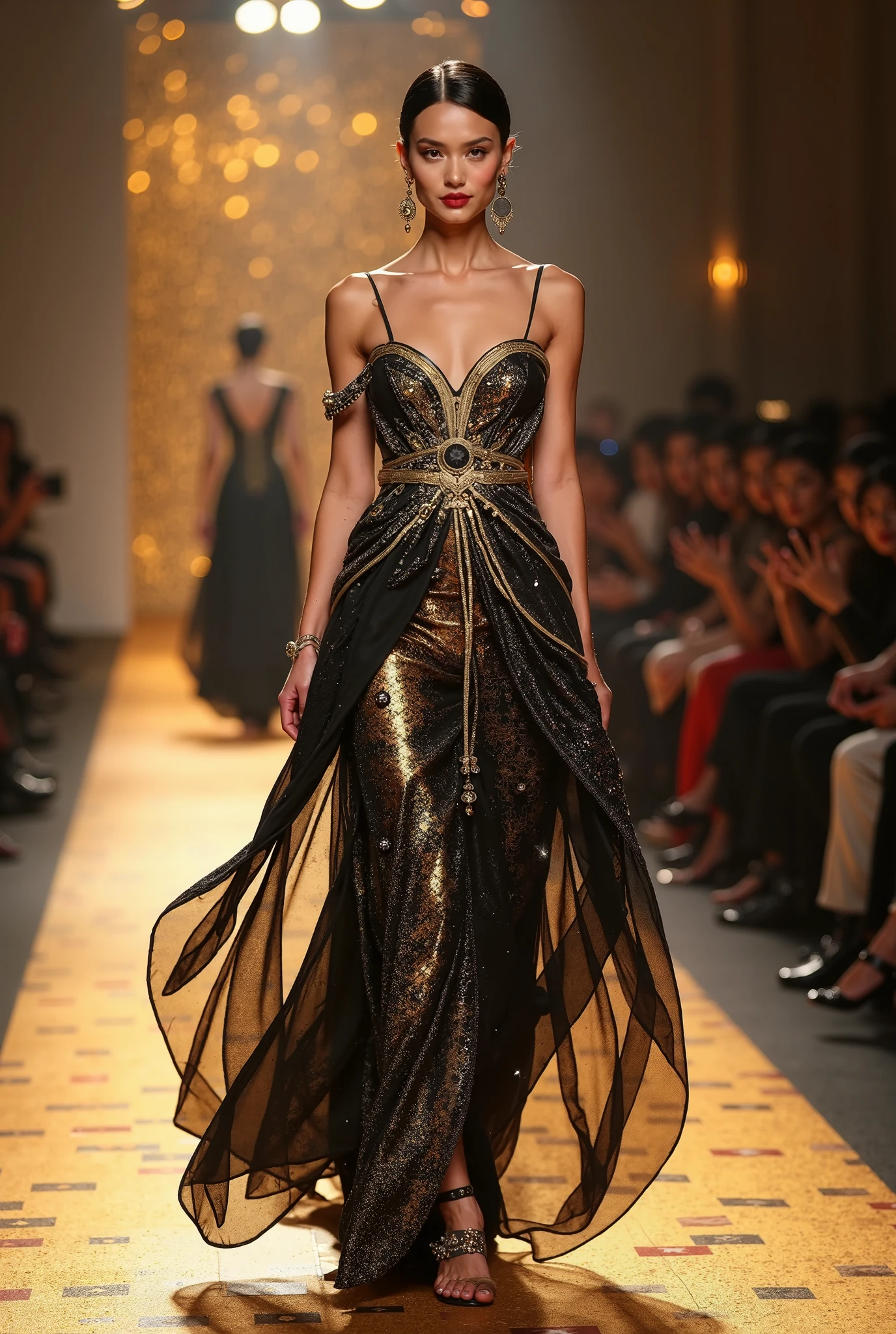 A woman in a black dress walking down a runway - SeaArt AI