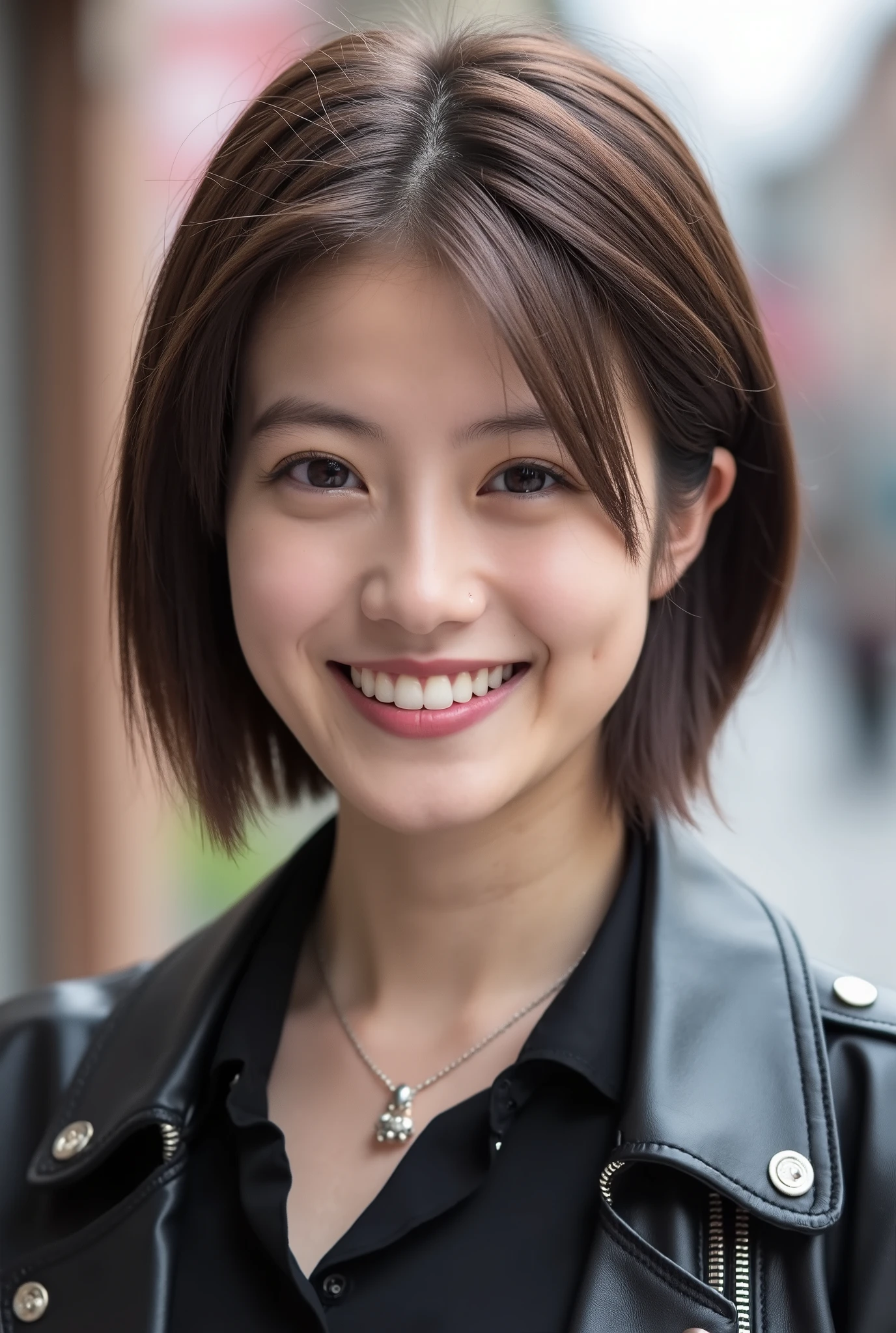 Beautiful young woman 、 Chinese women、 pale brown hair 、 Hairstyle Shortcut 、、、、Necklace around the neck、、leather jacket、shirt、smile, Beautiful teeth alignment、Highlight teeth、 Looking into the camera,The background is the town、Ear piercing