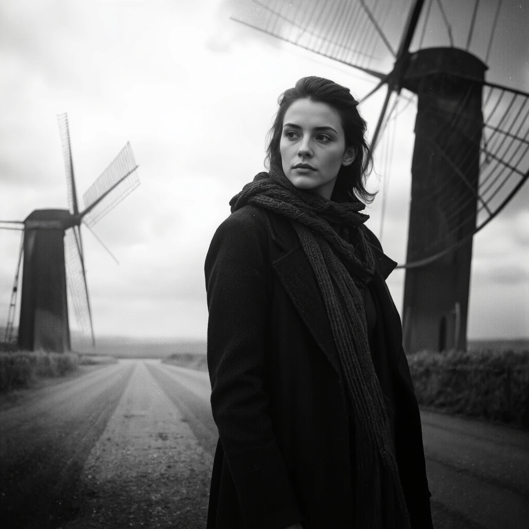 Cinematic photography, low-angle close-up view of a young woman standing in front of a towering windmill. She is wearing winter clothing — a long, dark coat with a high collar, a knitted scarf wrapped around her neck, and a woolen beanie covering her long, slightly tousled hair. Her face is pale, with a somber, contemplative expression, and her gaze is directed sideways, looking into the distance. The windmill looms behind her, its large, grid-like blades casting dark, angular shadows against a cloudy, overcast sky. The scene is in black and white, with dramatic backlighting creating a striking silhouette effect. The atmosphere feels cold and isolated, with the contrast between the dark clothing and the pale sky adding to the moody, cinematic style. A sense of quiet tension lingers in the air, as if the windmill and the woman are frozen in a timeless moment. The photograph has a filmic quality, rich in depth of field and subtle textures, with each detail — from the roughness of the windmill’s structure to the soft fabric of her scarf — meticulously highlighted.