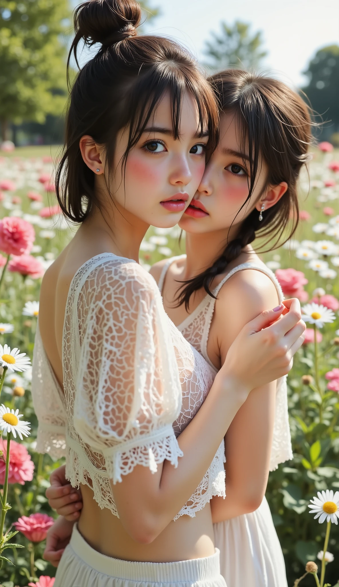 ((TOP QUALITY)), ((masterpiece、High sensitivity、 High Resolution、detailed depiction up to the entrance、 draw a delicate face))、(Small beautiful breasts、bust up)、 ((:1.2, Transcendental Young Face, idol face)), ((An innocent beautiful girl))、((Slender body line drawing delicate eyes and face))、 stylish hair 、(Beautiful girls kiss each other:1.32, shy expression:1.3) 、((cute top and pleated skirt))、 Countryside Scenery、(detailed hands:1.3, perfect right hand:1.2), Beautiful body lines reflected in backlighting、 (Tight Waist)、(Showing off her small beautiful ass:1.2), (perfect anatomy in the flower park:1.2), (Leaning forward pose)