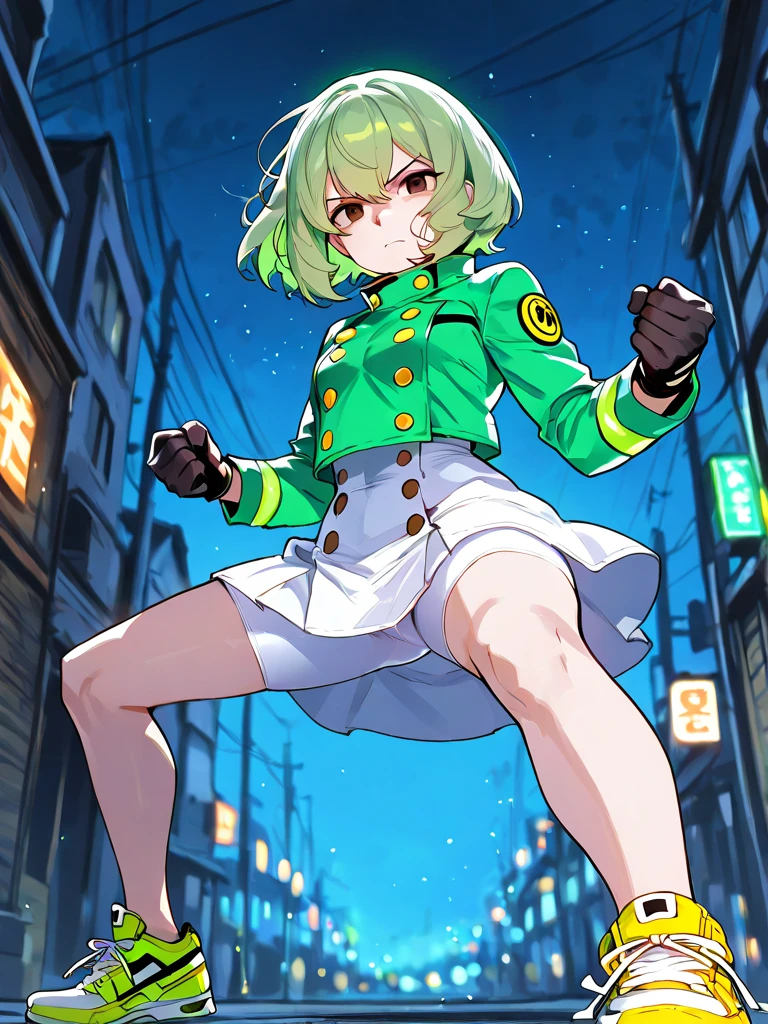 (masterpiece, best quality), 1girl, single character, female, girl, cheeky expression, big breasts, small eyes, blonde and green hair, short hair, tomboy, green jacket
