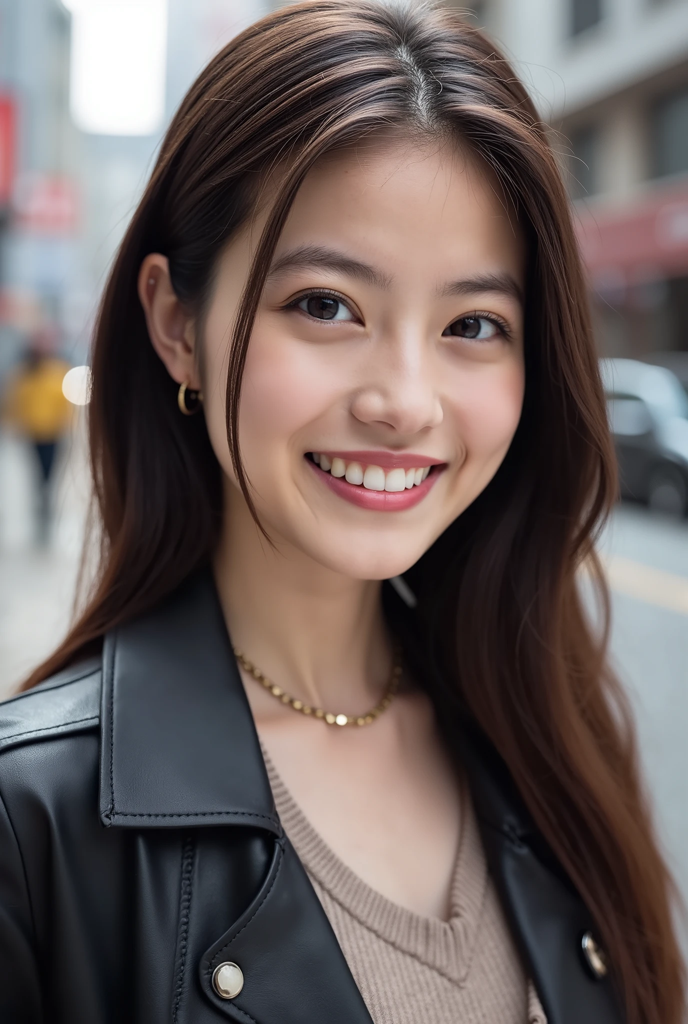 Beautiful young woman 、 Chinese women、 pale brown hair、Hairstyle Semi Long、wavy hair、、Necklace around the neck、、leather jacket、shirt、smile, Beautiful teeth alignment、Highlight teeth、 Looking into the camera,The background is the town、Ear piercing
