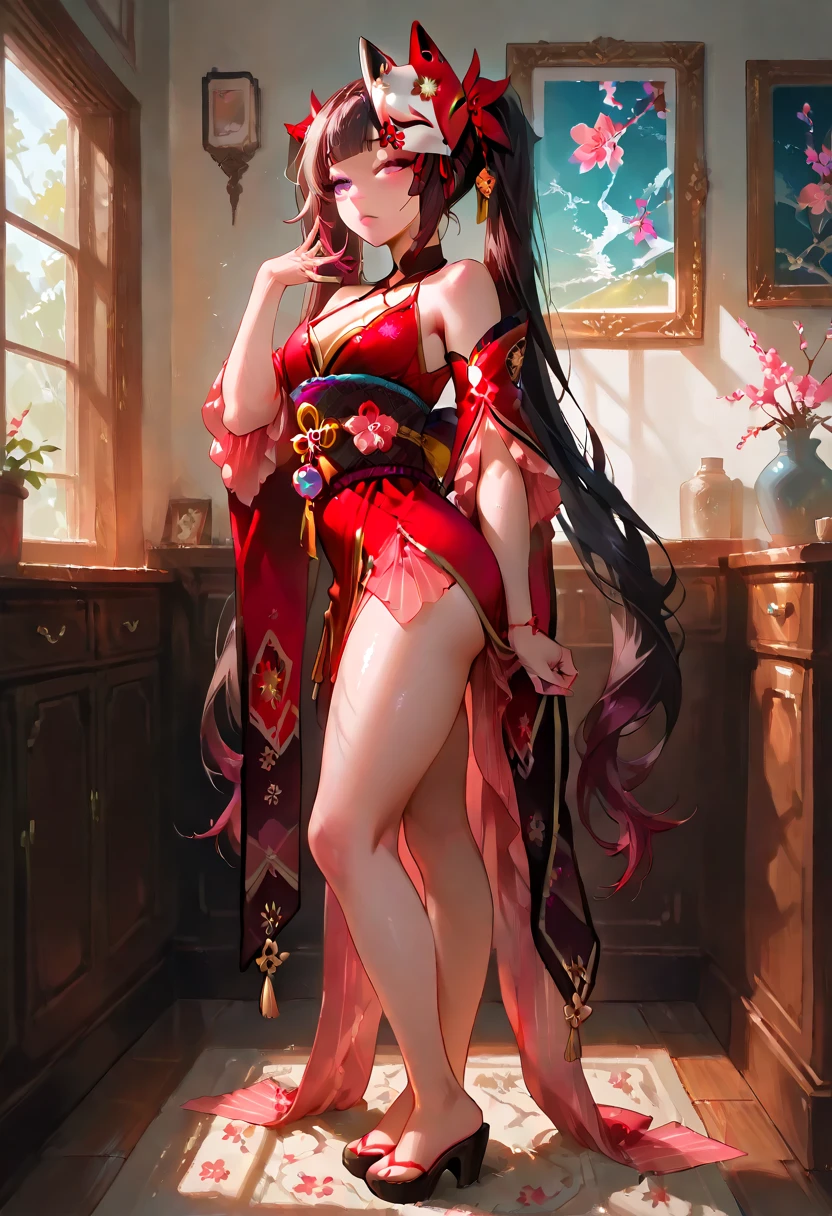 (masterpiece:1.2),The best quality illustrations,high-detail,solo,Beautiful detailed girl,25yo,Japanese girl,(pulled back hair),braid,forehead,(sidelocks),(medium hair),Brown eyes,(very small breasts),skimpy,full body,white stocking,blushing,looking at the viewers