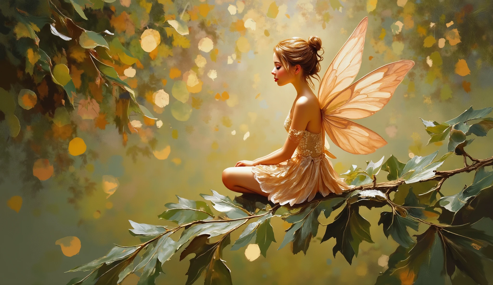 Impressionist painting style with soft brushstrokes and dreamlike quality capturing a delicate fairy with translucent wings seated gracefully on a large oak leaf in a peach and olive color palette. The fairy has luminous skin with peachy undertones and wears a gossamer dress that catches the dappled forest light. The setting is a misty woodland glade at golden hour with light filtering through tree canopy. Viewed from slightly above to showcase the fairy's petite form against the leaf. Warm golden rim lighting creates a magical glow around the fairy's silhouette while soft ambient light illuminates the scene with a drUm retrato em close hipnotizante de um lindo passarinho iluminado pela suave luz dourada de uma manhã tranquila, com bolas de bokeh vibrantes enquadrando suavemente sua forma delicada.