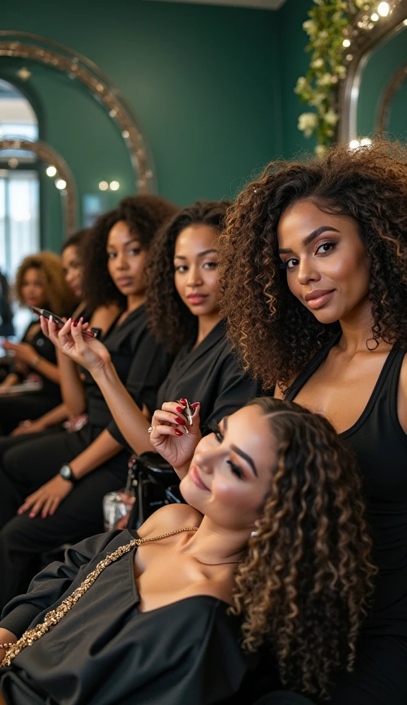 A hyper-realistic image of a black American woman receiving salon services. She is seated in a plush, velvet chair with her hair being styled by a professional hairdresser. Both the client and the hairdresser are smiling and engaging well with each other, creating a warm and friendly atmosphere. The client exudes elegance and confidence, wearing stylish, upscale clothing. The hairdresser, who has a confident, bossy presence, is wearing a tight, sexy, and short frock with gold accessories, with straight hair, makeup, and eye lashes. The salon interior is luxurious, with gold accents, sleek styling stations, and warm, inviting lighting. The scene captures the feeling of a high-end, exclusive salon experience.