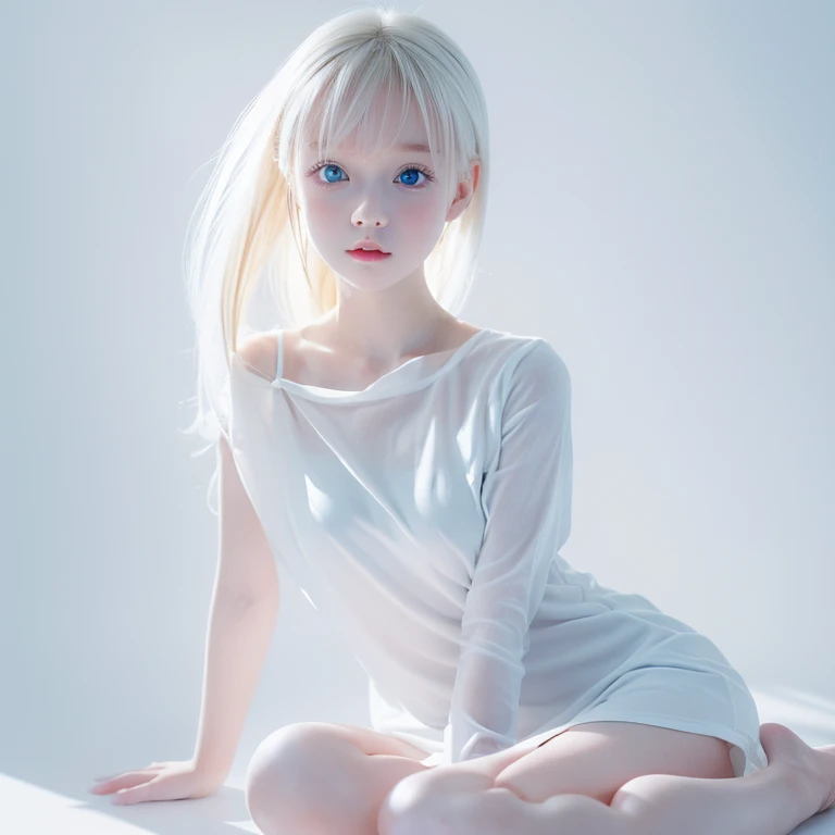 Correct human ???????，Milky skin，underage girl，Small under breasts，Gilet blanc，white  panties，delicate hand，legs long，The barefoot，femele，sit on a bed，