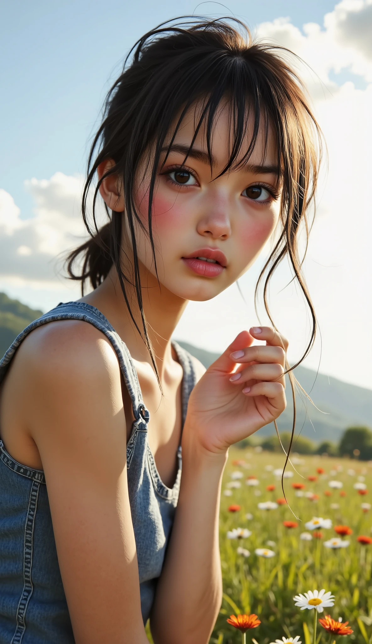 ((TOP QUALITY)), ((masterpiece、High sensitivity、 High Resolution、detailed depiction of up to the front door、 draw a delicate face))、(Small beautiful breasts、bust up)、 ((:1.2, Transcendental Young Face, idol face)), ((An innocent beautiful girl))、((Slender body line drawing delicate eyes and face))、 stylish hair 、(Beautiful girls tongue kissing:1.4, shy expression:1.3) 、((cute top and pleated skirt))、 Countryside Scenery、(detailed hands:1.3, perfect right hand:1.2), Beautiful body lines reflected in backlighting、 (Tight Waist)、(Showing off her small beautiful ass:1.2), (perfect anatomy:1.2), (Leaning forward pose)