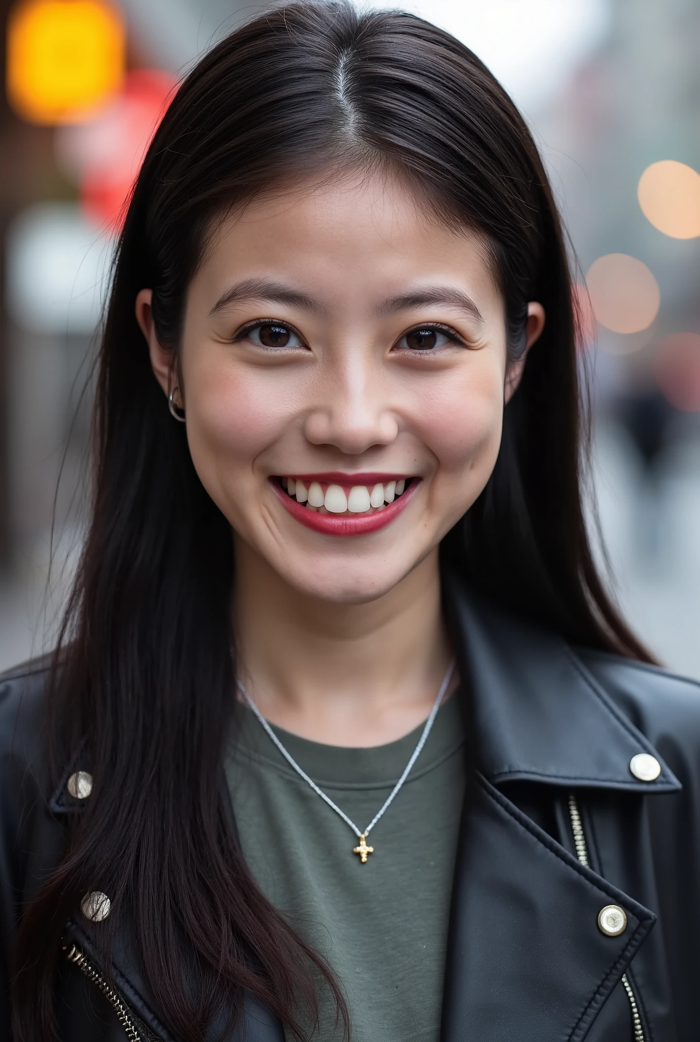 Beautiful young woman 、 Chinese women、 black hair、Hairstyle Semi Long、、Necklace around the neck、、leather jacket、shirt、smile, Beautiful teeth alignment、Highlight teeth、 Looking into the camera,The background is the town、Ear piercing

