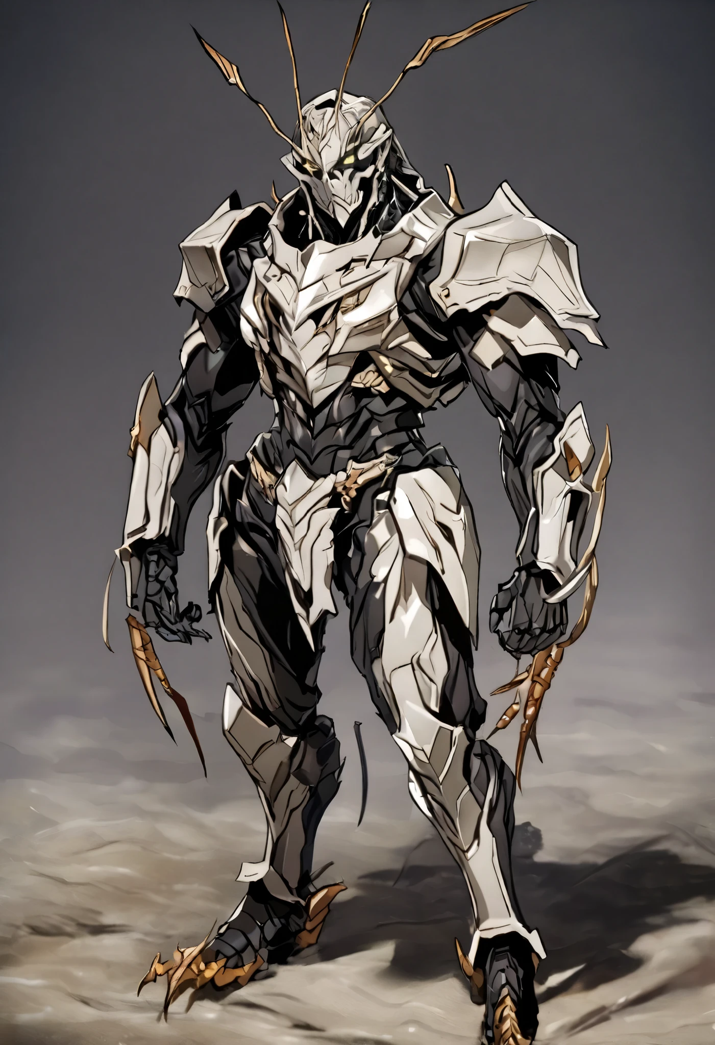 ((Highest Quality)), (Simple background), masterpiece, best quality, solo, 1male, standing, humanoid creature, zoanoid, locust, anthro, (Terraformars), muscular, heavily armored, exoskeleton, metallic black, muscular build, insectoid face, multifaceted eyes, sharp mandibles, antennae, clawed hands, clawed feet, segmented armor plates, white background, simple background,