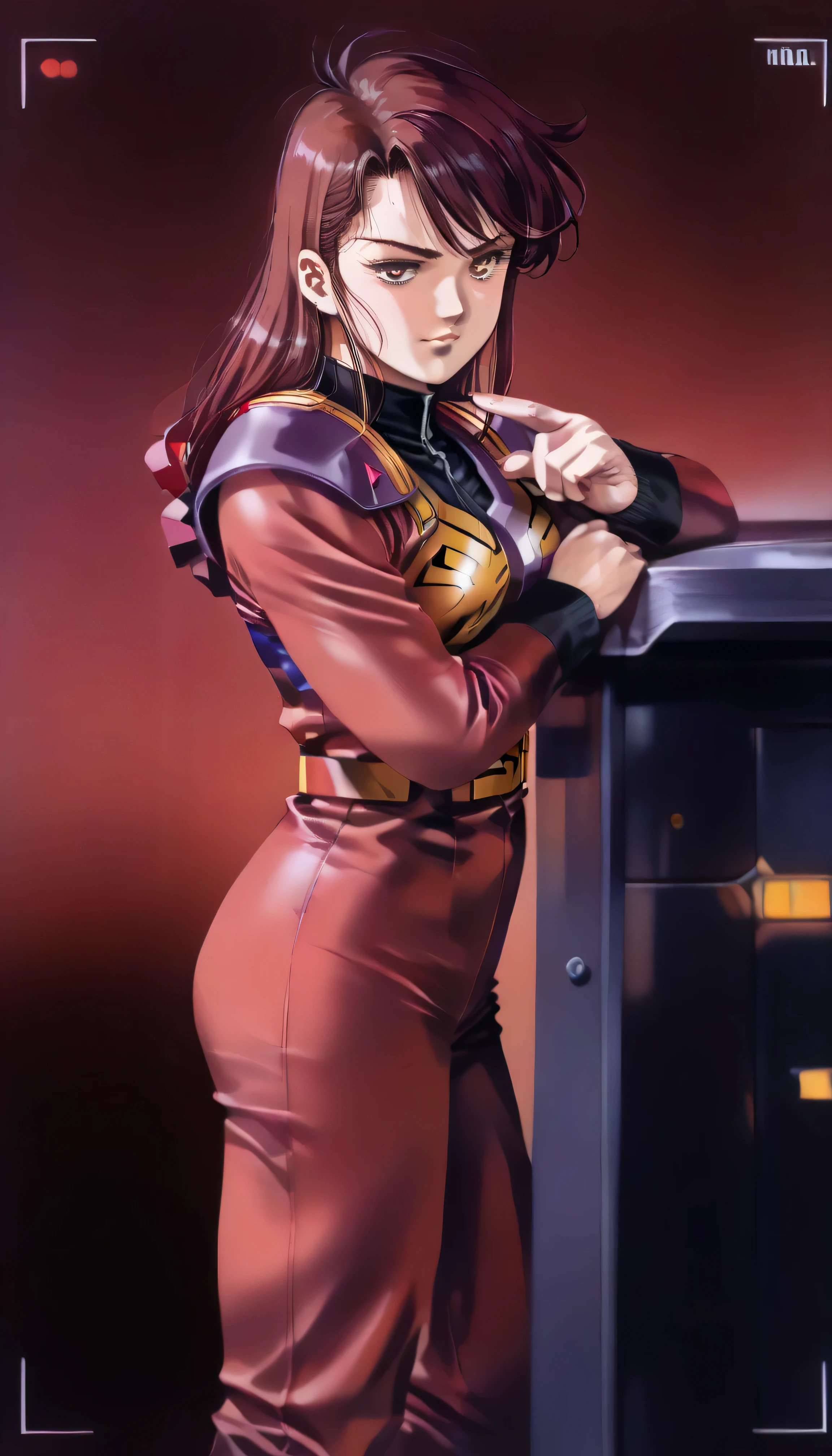 RAW photo, (photorealistic:1.4), (1 girl:1.8), beautiful hair, bright pupils, high detail, viewfinder, Eye-Level Shot, 8k, super detail, masterpiece, anatomically correct, textured skin, high details, award winning, best quality, female knight, (nickname is the Bloody Rose), (Crimson Armor:1.6), veteran warrior, age 25, big breasts, cleavage, great proportions, long legs, beautiful legs, tall, slim waist, beautiful hip line, Slim figure, supple abdominal muscles, (Characters from the Japanese anime "Mobile Suit Gundam", mobile suit pilot:1.6, Normal suit appearance:1.6), ace pilot, (In the background is her mobile suit), (A red space suit that fits the body:1.4)