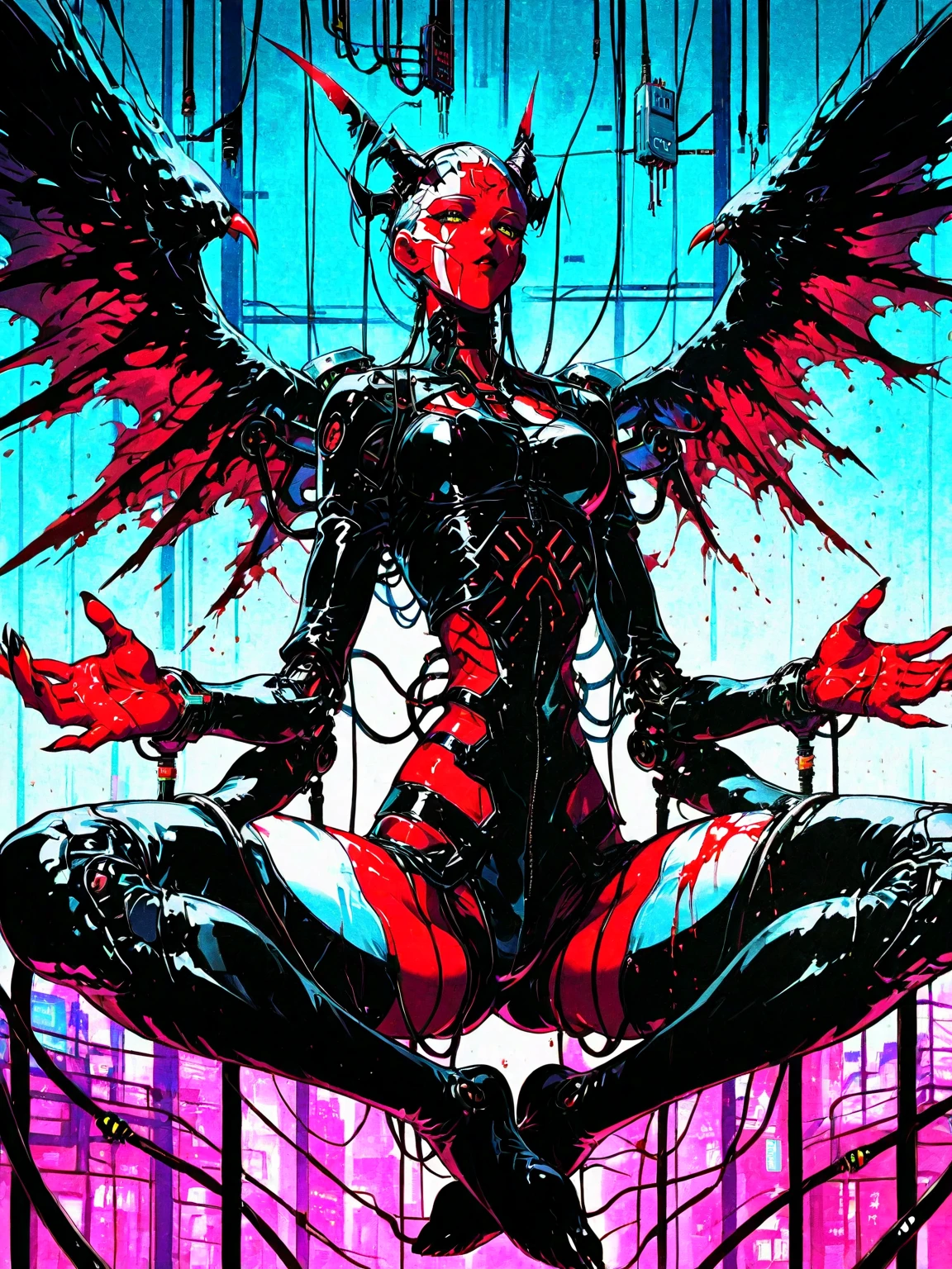 science fiction, {{big machinery}}, {{{machine sex}}}, {{{she is inside machine box}}}, {{{{{robot dildo in pussy}}}}}, {{{a lot of electrical cables connecting head}}}, {{{a lot of electrical cables connecting body}}}, {{{a lot of electrical cables hanging wings}}}, restrained, bondage, {{fusion of magic and luminous, thunder]]]], nsfw, 1 girl, naked, {{angel}}, {{halo}}, {{{angel wings}}}, {{spiked}}, {{{{full harness made of latex}}}}, {{{{stand to attention}}}}, {{through the glass}}, sad, tearful, empty eyes, open mouth, sweat, love juice, collar, handcuffs, shackles, nipples, navel ,pussy, younger, pink messy hair, pink eyes, medium breasts, cowboy shot, facing the front, from outside, perfect face, perfect anatomy, intricate, (highly detailed), (art inspired in Bill Sienkiewicz). oil painting)
