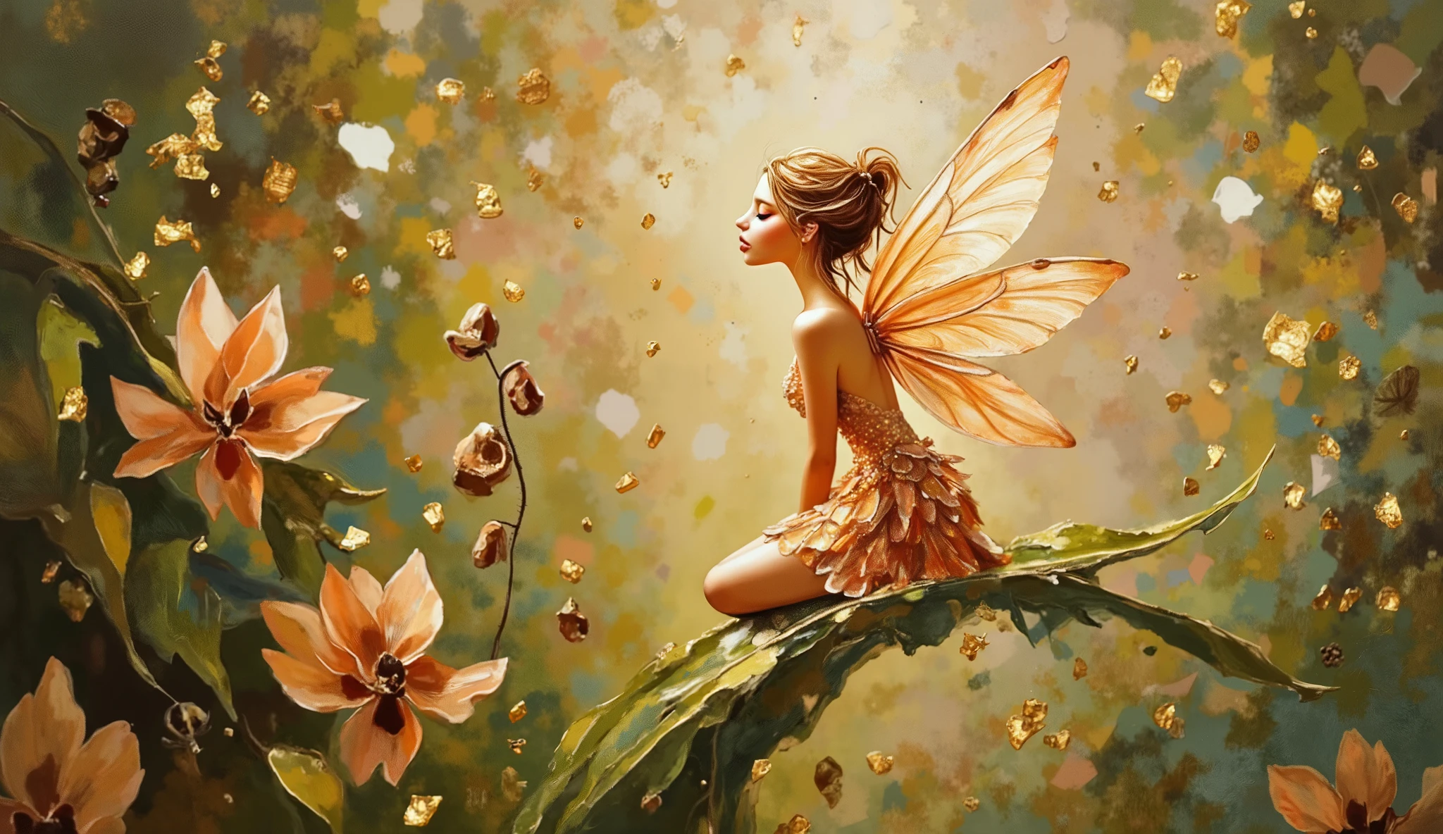 Impressionist artwork with loose brushwork and emotional color use depicting a delicate fairy with translucent dragonfly wings perched on the edge of a curved leaf, rendered in a harmonious palette of soft peach tones and olive greens. The fairy has an ethereal appearance with glowing skin and flowing hair that catches the light, wearing a dress that seems woven from flower petals and morning dew. The setting is a secluded corner of an enchanted garden with soft-focus flowers and plants creating a protective enclosure. Mid-range view that captures both the fairy's detailed features and the surrounding environment in soft focus. Golden hour lighting with warm rays filtering through leaves, creating a magical ambiance with highlights and shadows. Dancing golden particles swirl around the fairy like enchanted dust, catching light and creating a dreamy bokeh effect that enhances the magical atmosphere.