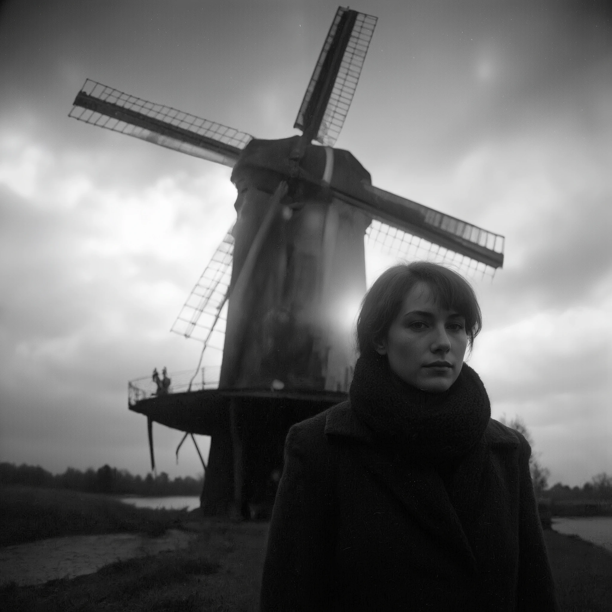 Cinematic photography, low-angle close-up view of a young woman standing in front of a towering windmill. She is wearing winter clothing — a long, dark coat with a high collar, a knitted scarf wrapped around her neck, and a woolen beanie covering her long, slightly tousled hair. Her face is pale, with a somber, contemplative expression, and her gaze is directed sideways, looking into the distance. The windmill looms behind her, its large, grid-like blades casting dark, angular shadows against a cloudy, overcast sky. The scene is in black and white, with dramatic backlighting creating a striking silhouette effect. The atmosphere feels cold and isolated, with the contrast between the dark clothing and the pale sky adding to the moody, cinematic style. A sense of quiet tension lingers in the air, as if the windmill and the woman are frozen in a timeless moment. The photograph has a filmic quality, rich in depth of field and subtle textures, with each detail — from the roughness of the windmill’s structure to the soft fabric of her scarf — meticulously highlighted.