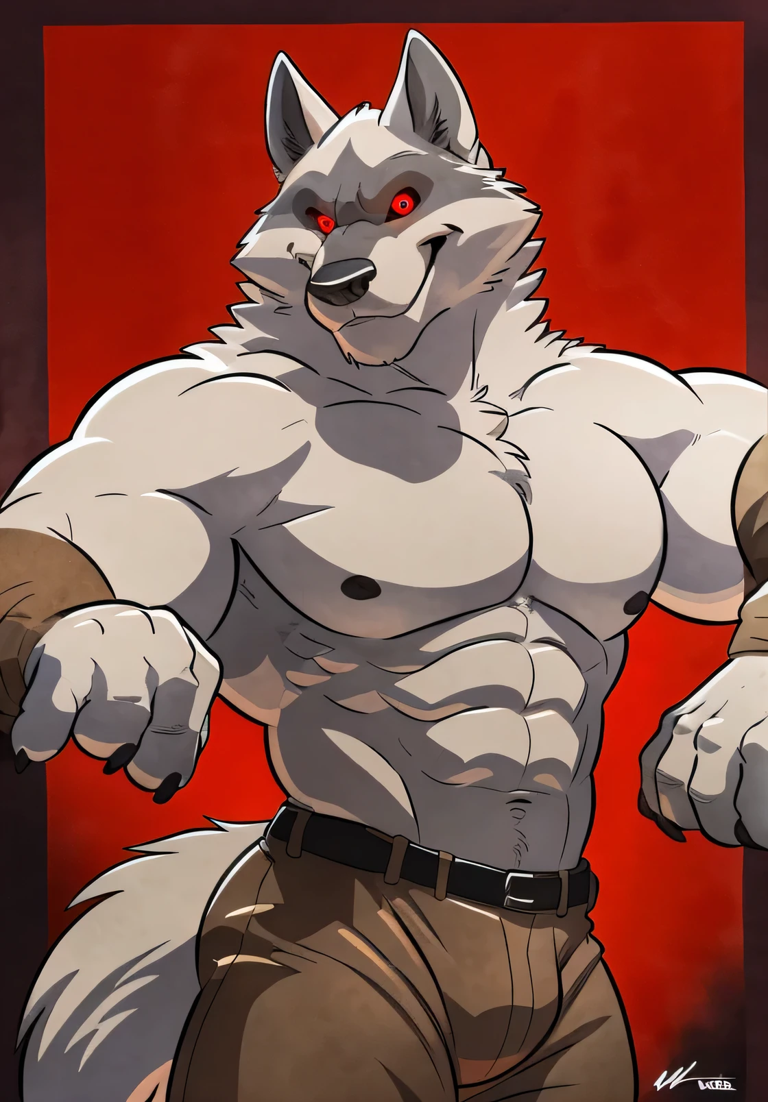 Male, wolf, death wolf, Puss in Boots, masculine, muscular, black cloak, scary eyes, red eyes, glaring, smirk, raised arm, showing armpit, hairy armpit, big pectorals, pink nipples, big nipples, puffy nipples, wide areolas, abs, six pack, gray pubic hair, gray pubes, big penis, dog penis, knot, red penis