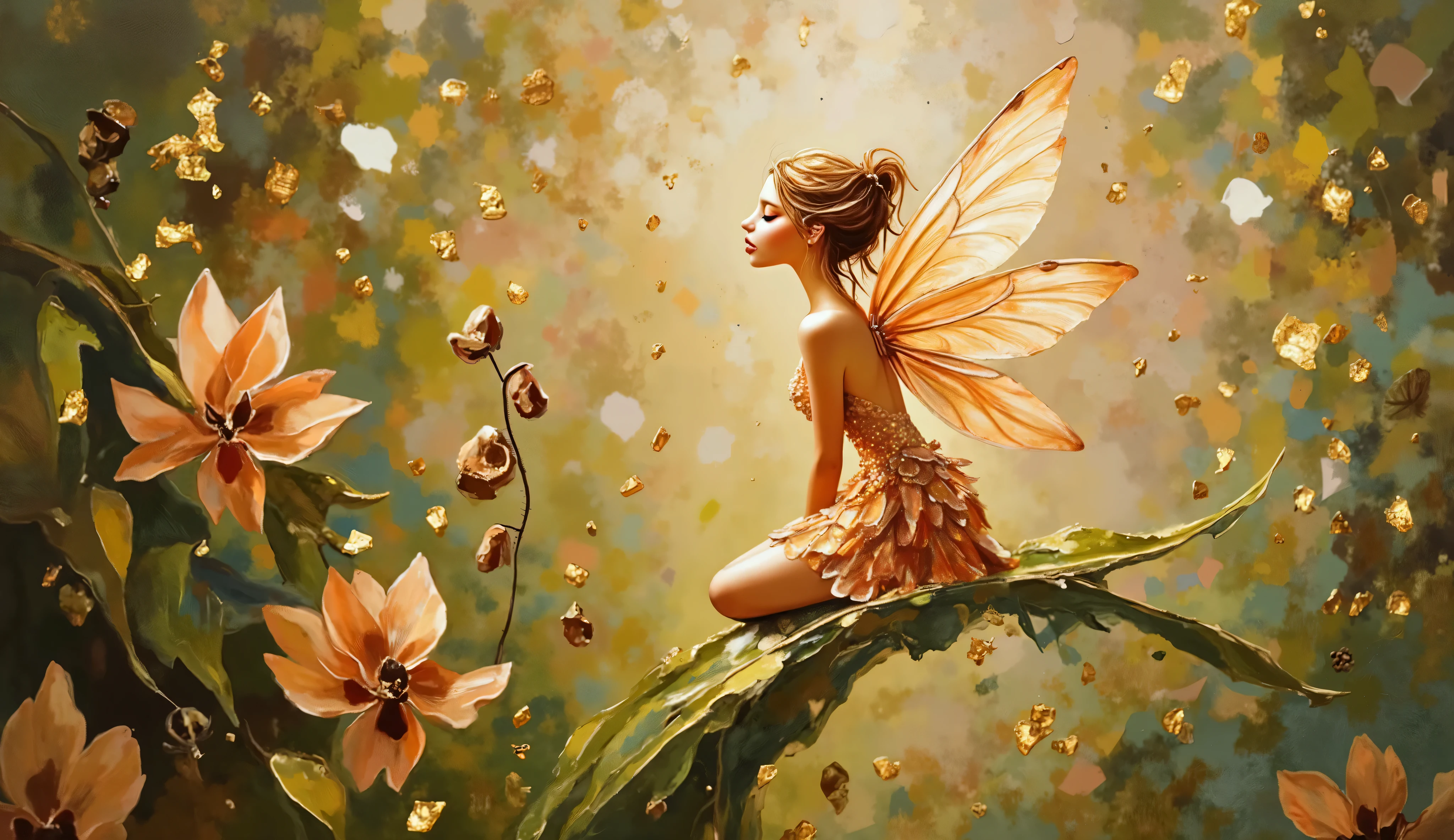 Impressionist artwork with loose brushwork and emotional color use depicting a delicate fairy with translucent dragonfly wings perched on the edge of a curved leaf, rendered in a harmonious palette of soft peach tones and olive greens. The fairy has an ethereal appearance with glowing skin and flowing hair that catches the light, wearing a dress that seems woven from flower petals and morning dew. The setting is a secluded corner of an enchanted garden with soft-focus flowers and plants creating a protective enclosure. Mid-range view that captures both the fairy's detailed features and the surrounding environment in soft focus. Golden hour lighting with warm rays filtering through leaves, creating a magical ambiance with highlights and shadows. Dancing golden particles swirl around the fairy like enchanted dust, catching light and creating a dreamy bokeh effect that enhances the magical atmosphere.