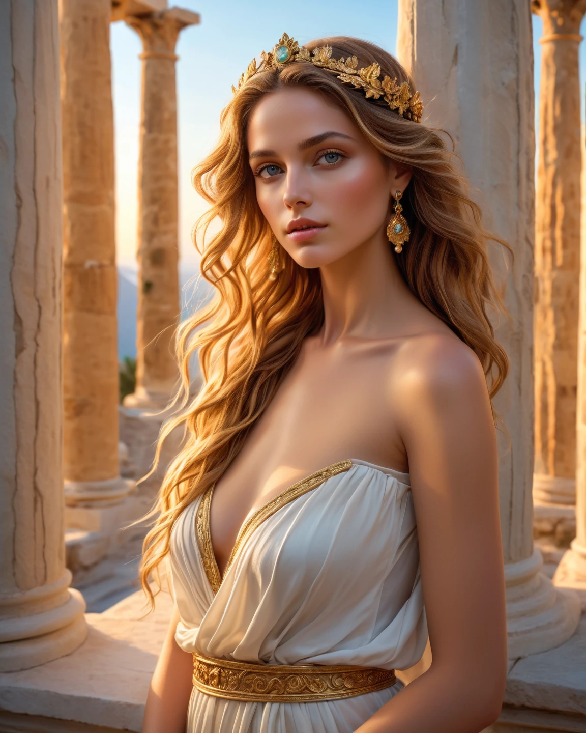 (best quality,4k,8k,highres,masterpiece:1.2), ultra-detailed, (realistic,photorealistic,photo-realistic:1.37), portraits, HDR, Greek mythology, beautiful goddess Venus portrait, perfect DNA, detailed eyes, detailed lips, stunning beauty, flowing golden hair, nude, perfect body, perfect nude, graceful pose, enchanting gaze, vibrant colors, soft lighting.(NSFW:1.4) ancient Greek deity, gazes directly into the camera's lens, flowing hair cascades over her shoulders, off-the-shoulder attire accentuating her grace, vivid colors, ancient temples and marble columns softly blurred in background, late afternoon Mediterranean light casting a warm glow on her porcelain skin, high-resolution image, digital painting, spiritual serenity, golden ratio composition.