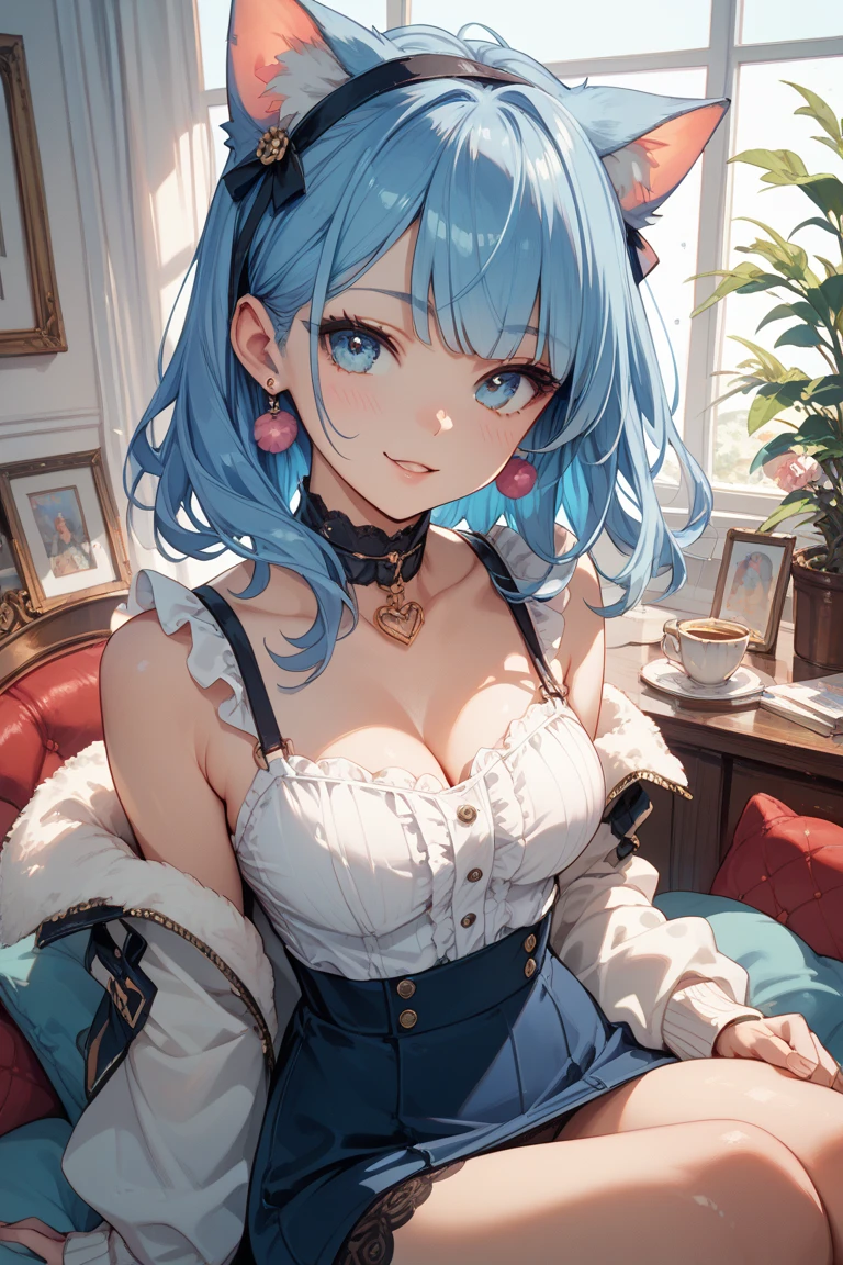 Anime Moe Art Style,highest quality,High resolution,Anatomically correct,One Girl,Mid-teens,A girl with light blue hair in a ponytail,Super detailed,Fantasy World,Sleeveless blouse,flare skirt,Big Breasts,A rich expression,Laughing with your mouth open,Making a heart symbol with hands,Eyes drawn in detail,hair ornaments,necklace,bracelet,ring,8K
