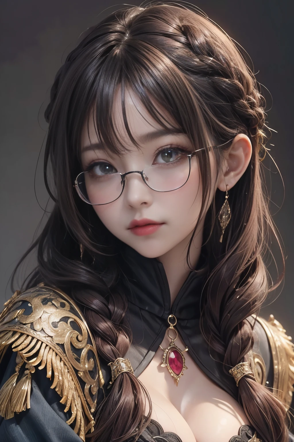 Chinese women, heavy Compensate, Brave and cheeky, Violet eyes, Black shawl long hair, ((((Huge glasses, Nerd Glasses, Thick glasses, Round Glasses))))、 Magnificent golden armor, Sculptures of medieval armor, Golden red phoenix cloak, Headdress with gold wreath, Full body photo, Compensate, Written boundary depth, Panorama, Opposites movie pictures: 1.3), (reality: 1.3), (Romance: 1.3, masterpiece, photo shoot:Lee Jeffries, Award-winning, Nikon D850 camera roll, Kodak Portra 400 Camera F1.6 Lenses, 非常にFamiliar, wonderful, finely, saturated color, 超reality的なリアルなテクスチャ, Dramatic lighting, Unreal Engine, Art Station Trends, CineStill 800 Tungsten Lamp, Looking at the audience, reality的, RAW Photos, Tanvir Tamim, high quality, High resolution, Sharp focus, 非常にFamiliar, Cinema Lighting, 8K Ultra HD, Very detailed, (crystal cubism: 1.3), (マジカルrealism: 1.3), (realism: 1.3), Ultra Familiar, Familiar, Clarence Holbrook Carter, Ed Emshwiller, society, Art Station Contest Winner, Art Station Trends, Deviantart Contest Winner, 「fall out」