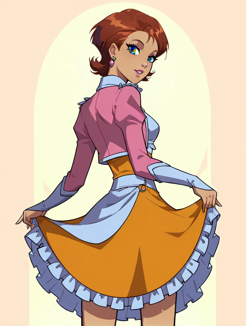score_9, score_8_up, score_7_up, score_6_up, score_5_up, score_4_up 1girl, solo Irma Lair, brown hair, blue eyes, short hair, karneval, funkenmariechen, funkenmariechen kostüm, majorette outfit, majorette jacket, miniskirt, white petticoat, batton twirling, white ruffles panty for short, upskirt, pantyshot, cowboy boots, skirt lift, showing her panty, booty, looking back, sexy pose
