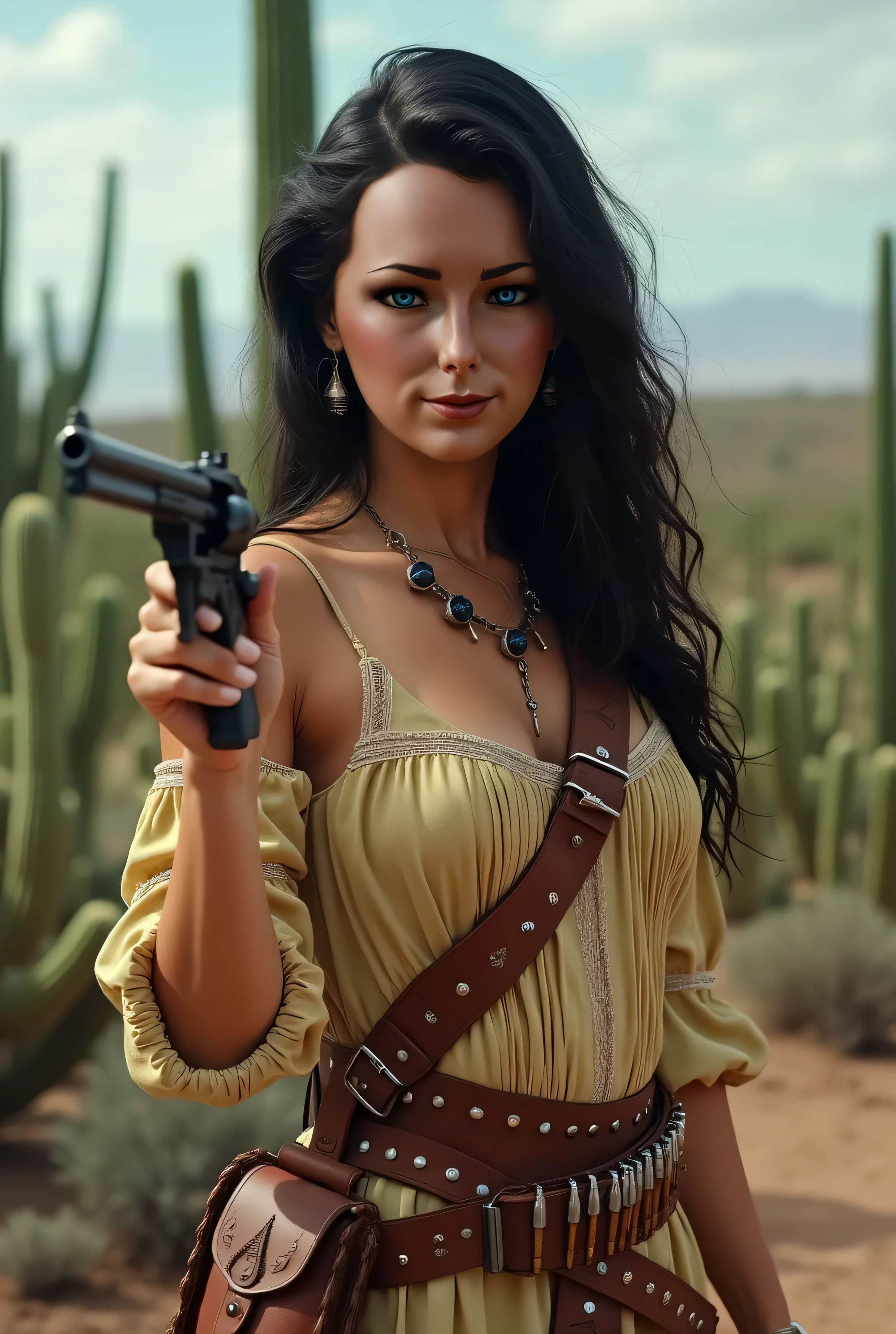 masterpiece, highest quality, Highest image quality, High resolution, photo realistic, Raw photo, dynamic photo ( cowboy, hat, leather jacket, she hold the guns and shooting the targets, bullets in the air, boots, western life, outdoor, cactus, Desert)