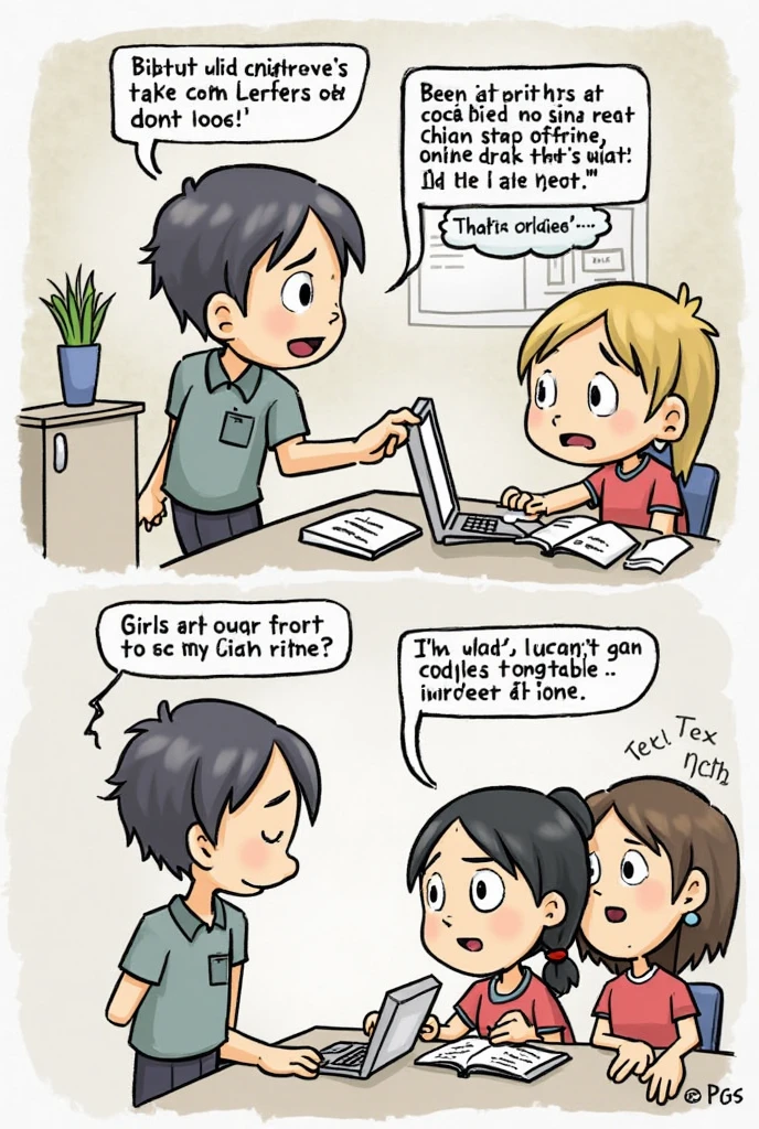 Make a comic strip easy to draw (Both students receive the same project requirement, but their reactions differ.)

•	Teacher (Both classrooms): “Your next project requires online research and a printed report.”

•	Boy (grinning, excited): “That’s easy! I’ll do it at home.”

•	Girl (worried, whispering to a friend): “I don’t have a laptop… or internet at home.” 